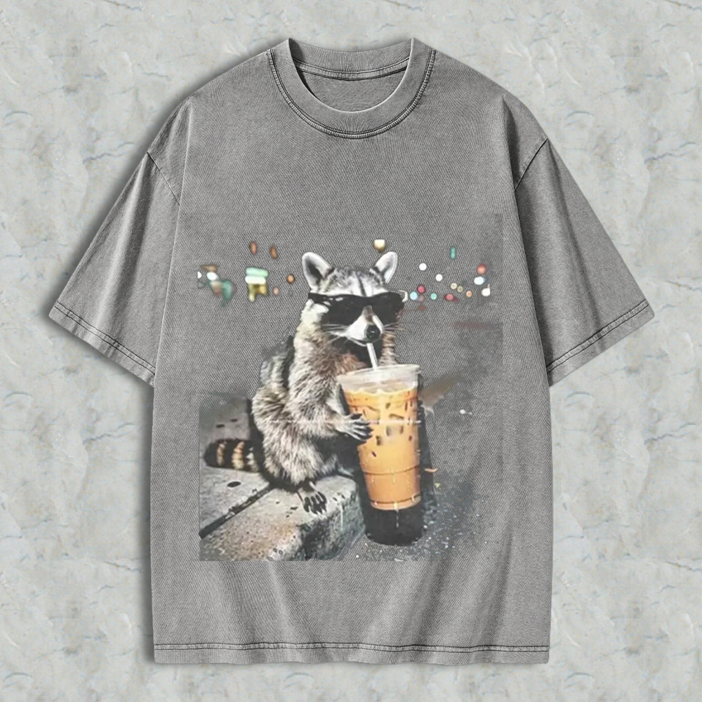 Funny Raccoon Drinking Iced Coffee Washed Shirt 