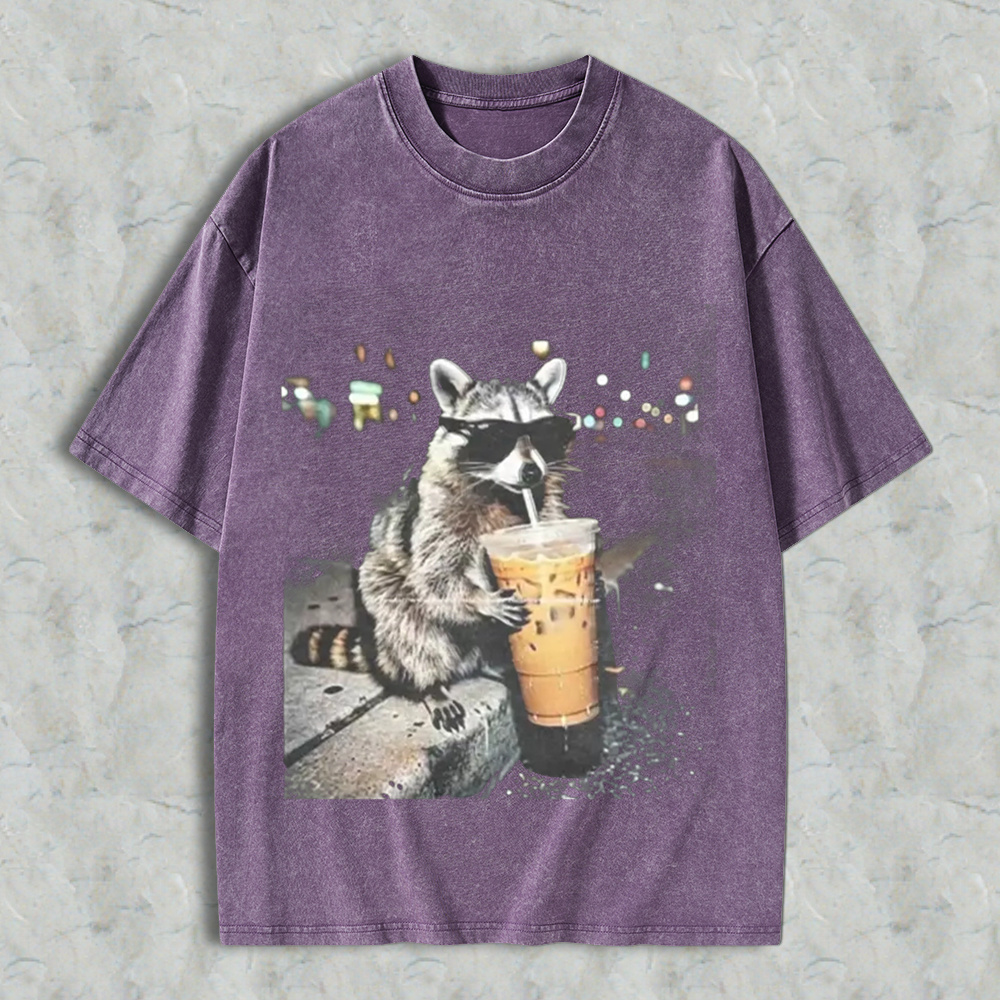 Funny Raccoon Drinking Iced Coffee Washed Shirt 