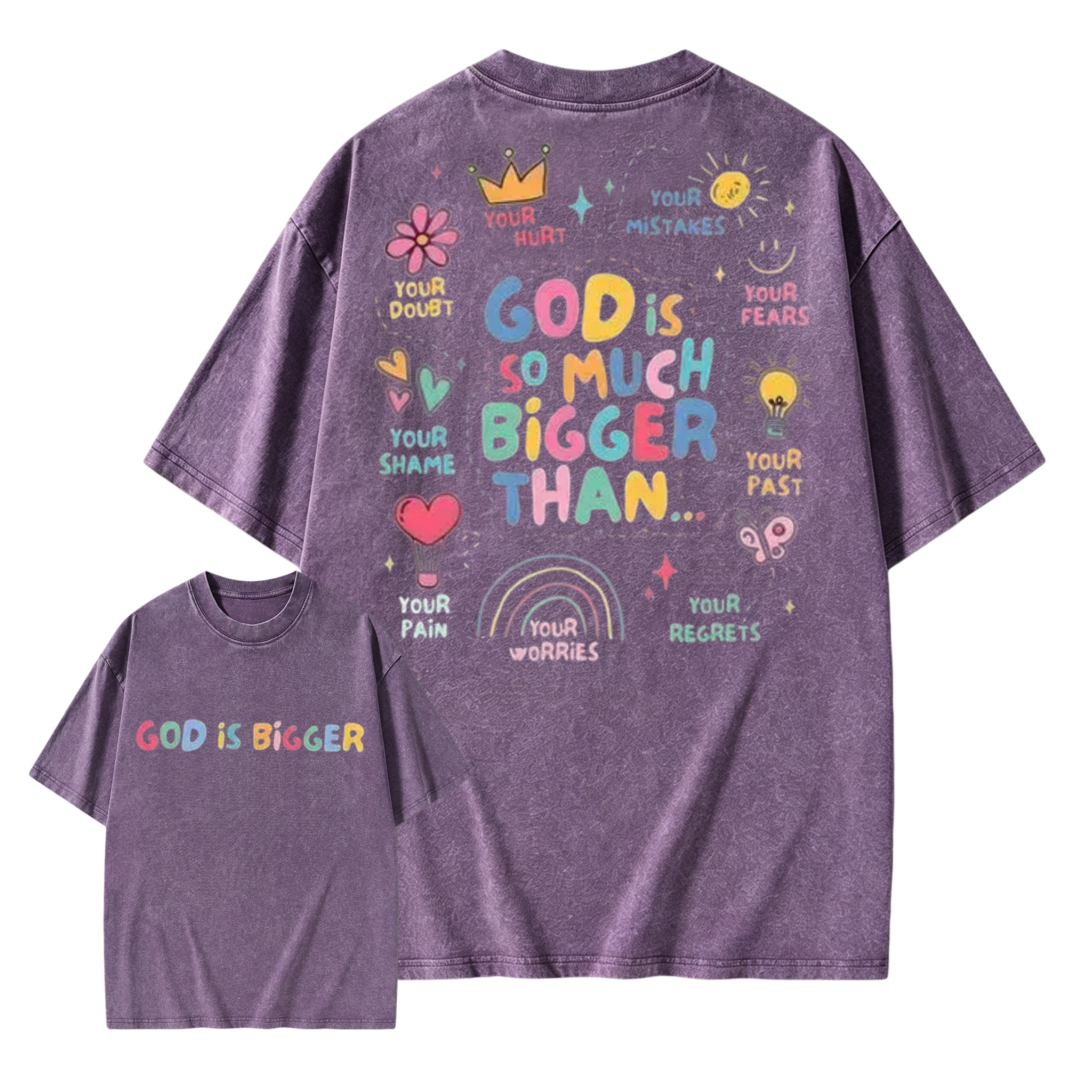 God Is Bigger Christian Graphic T Shirt Vintage Washed Heavyweight Cotton Oversized Tee Faith Based Apparel Mental Health Awareness Positive Affirmation Acid Wash Men Women Unisex