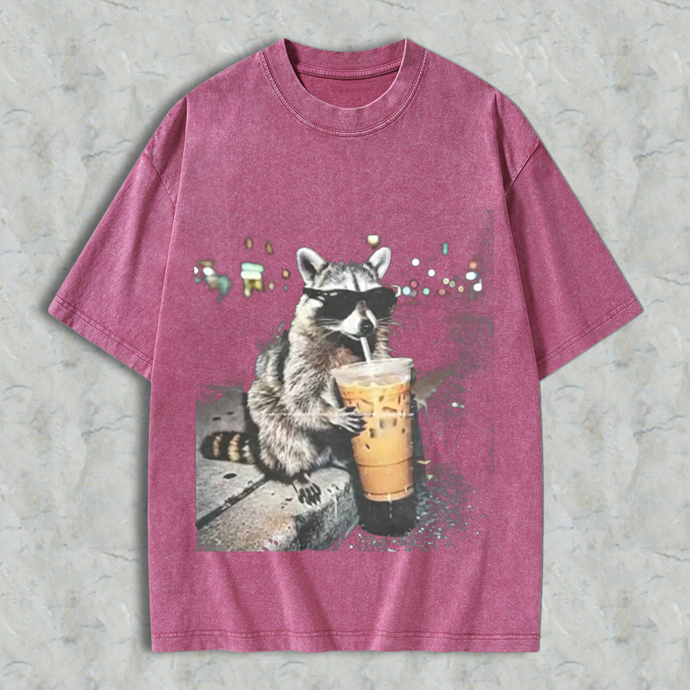 Funny Raccoon Drinking Iced Coffee Washed Shirt 