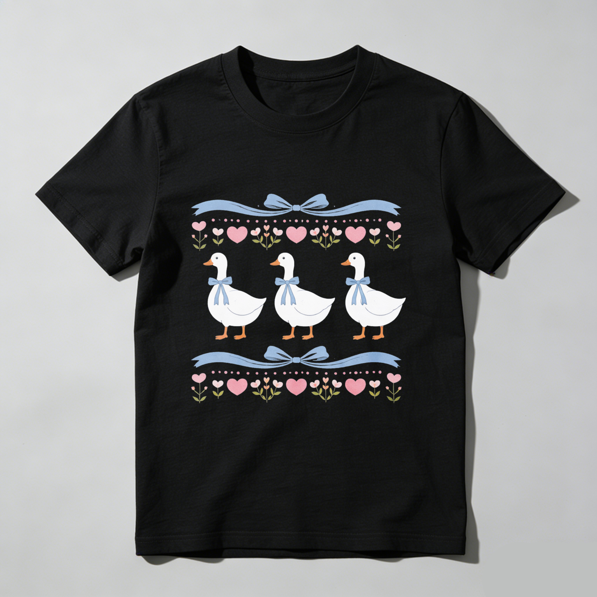 Duck Pattern T Shirt With Hearts And Flowers Design For Women And Men Cute Animal Print Casual Top