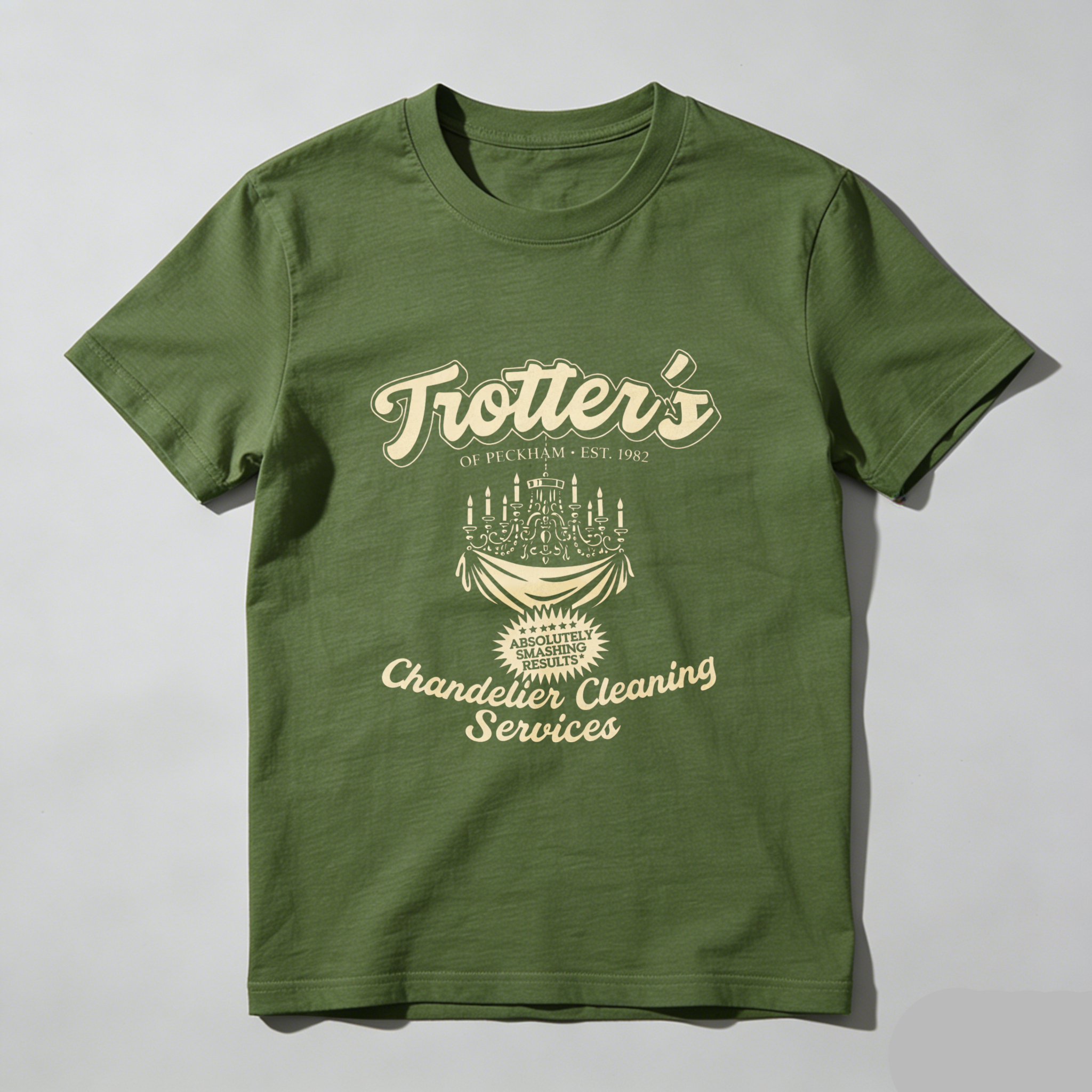 TEECURENT Trotters Chandelier Cleaning Services T Shirt Of Peckham Est 1982 Vintage Style Graphic Tee