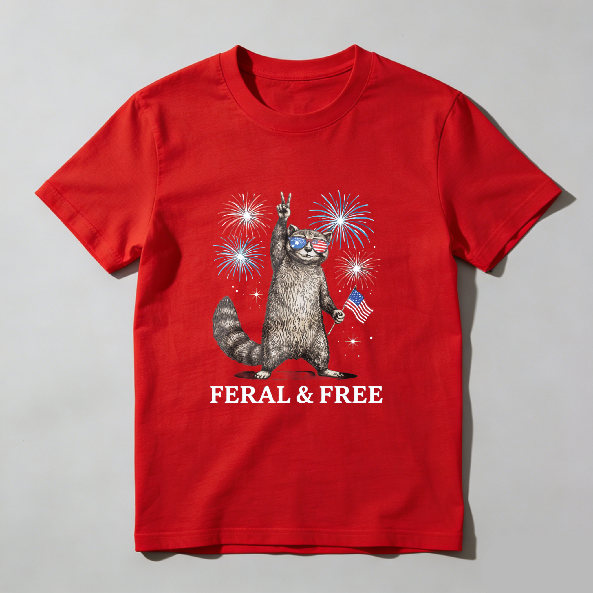 TEECURENT Feral And Free Cat With American Flag And Fireworks T Shirt WOMEN