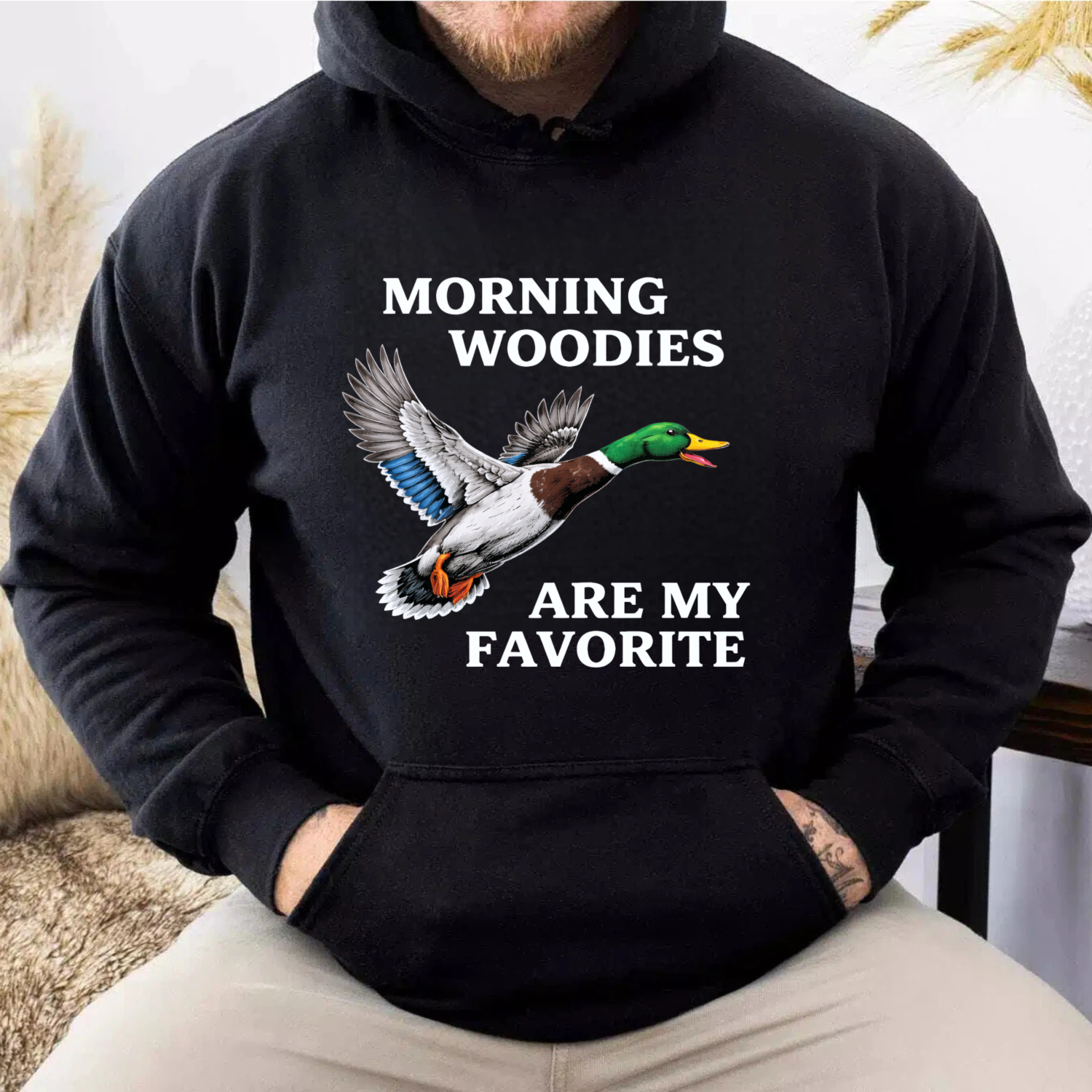 TEECURENT Gildan Morning Woodies Are My Favorite Duck Hunting Hoodie For Men And Women Outdoor Apparel With Funny Slogan And Bird Graphic Design