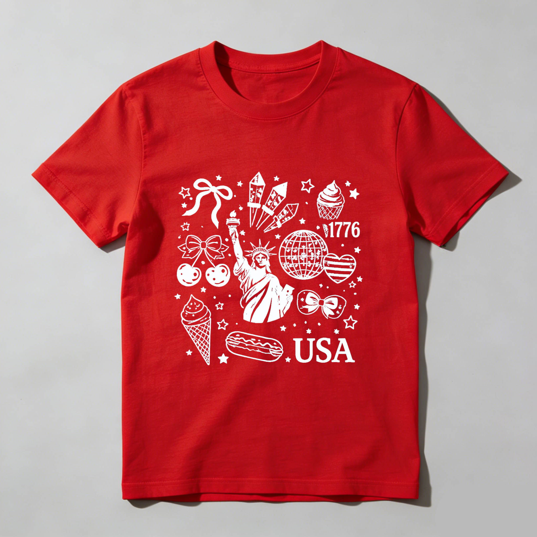 TEECURENT American Independence Day Celebration T Shirt Usa 1776 Statue Of Liberty Fireworks Ice Cream Hot Dog Stars And Stripes Patriotic Design WOMEN