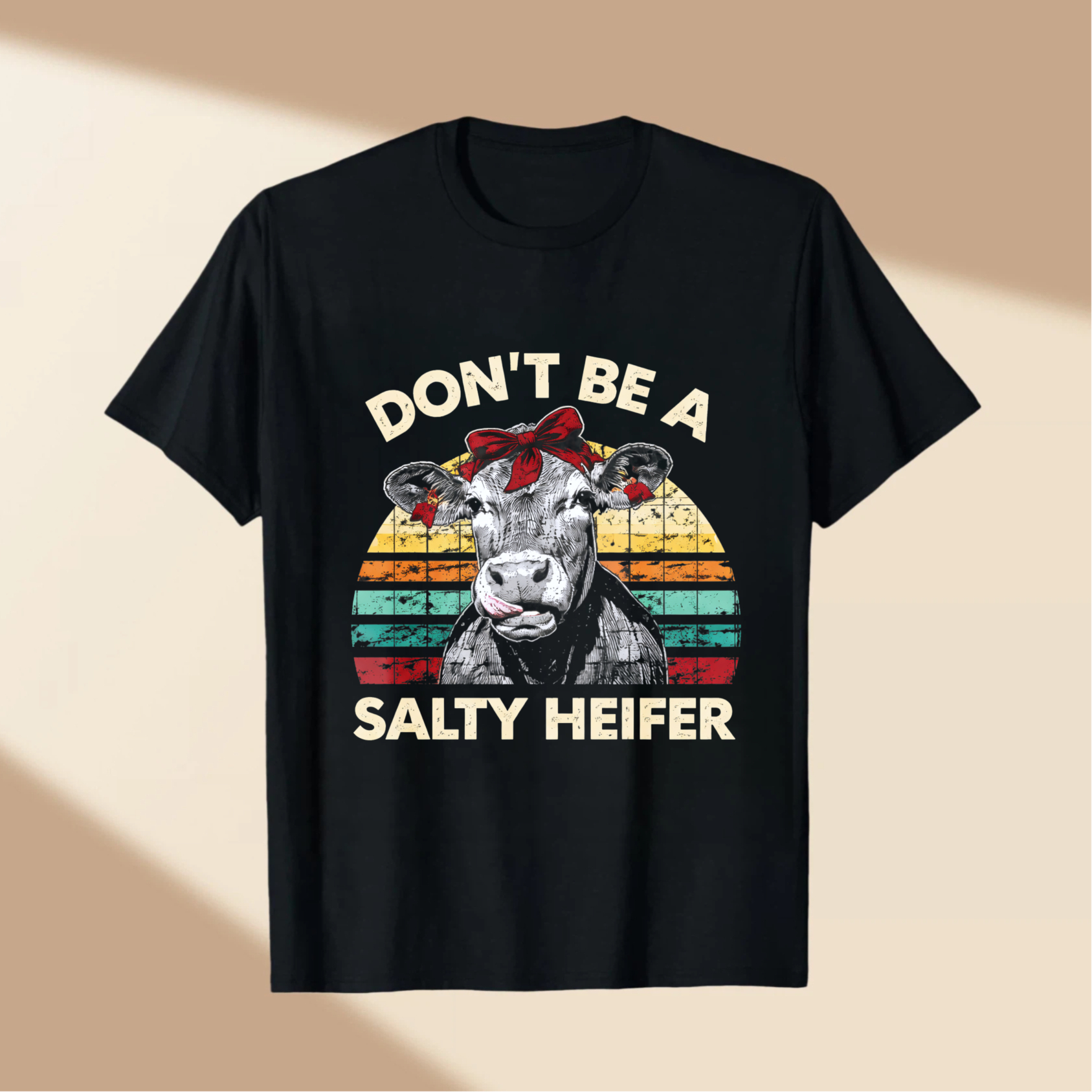 TEECURENT Dont Be A Salty Heifer Vintage Cow Graphic T-Shirt Funny Farm Animal Humor Shirt WOMEN