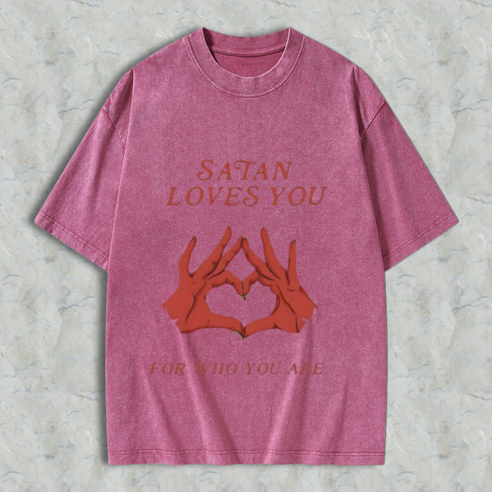 Men's Round Neck Short-Sleeve T-Shirt, Retro Edgy "Satan Loves You" Graphic Print, Loose Fit Distressed Menswear