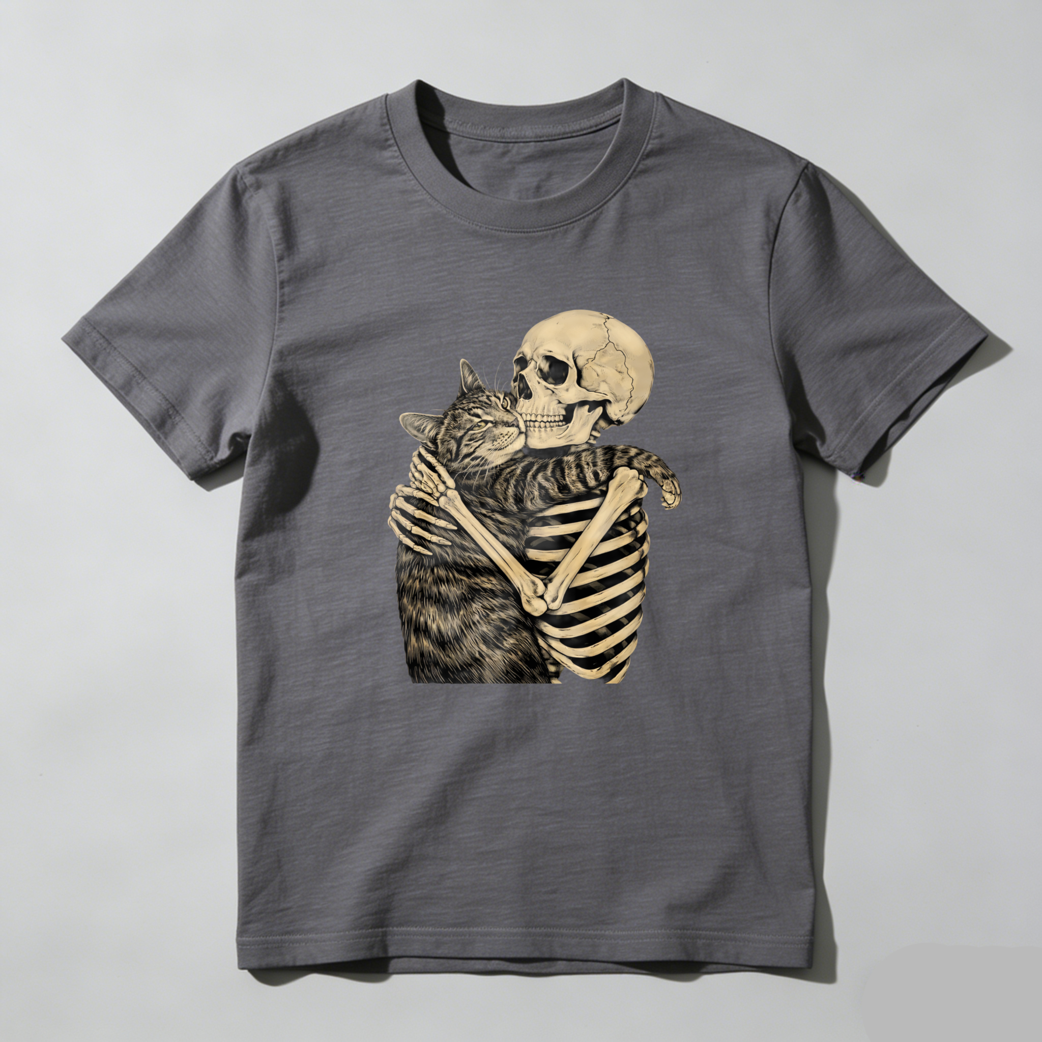 TEECURENT Skeleton Hugging Cat Graphic T Shirt Black Unisex Design Artistic Print Casual Wear