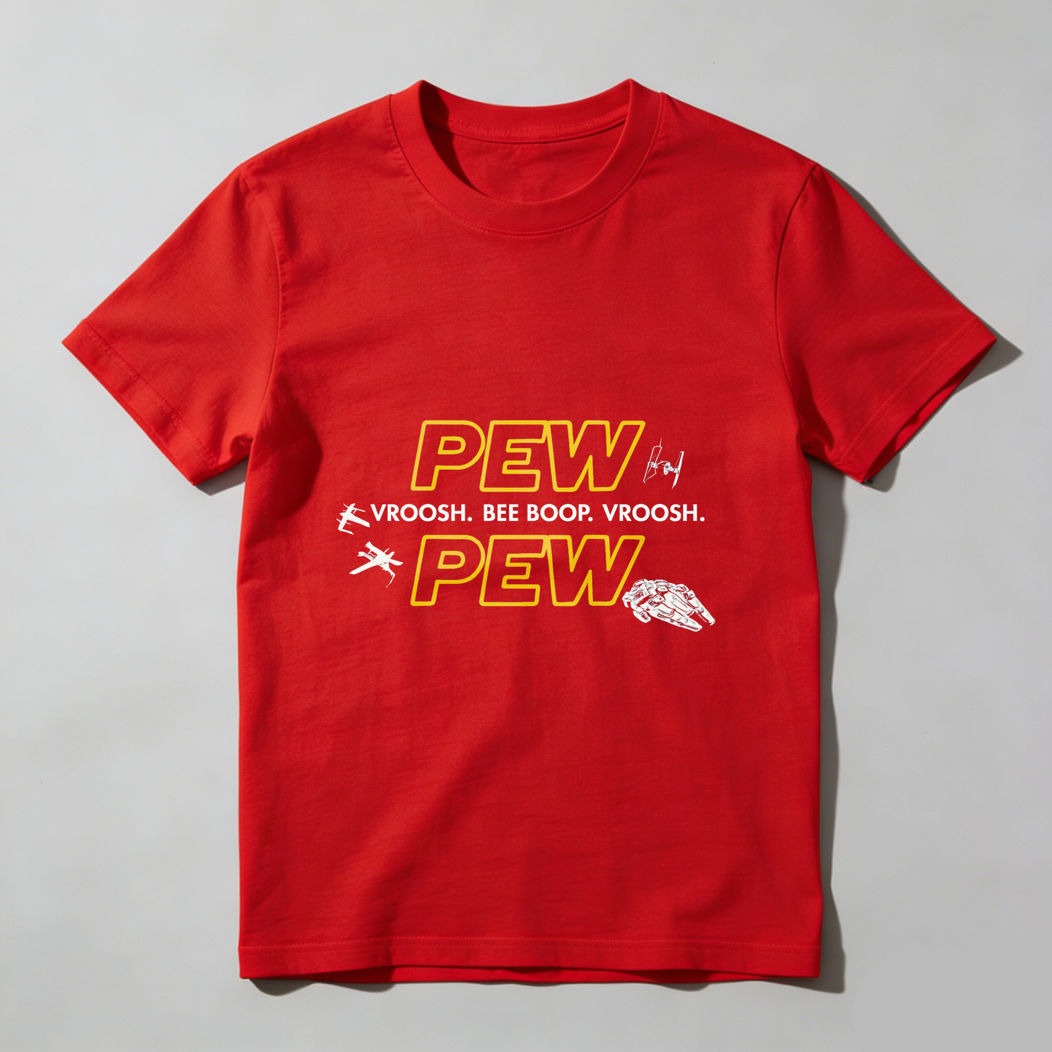 TEECURENT Pew Pew Star Wars Inspired T-Shirt With Spaceship And Sound Effects Design For Fans Of Sci Fi And Pop Culture