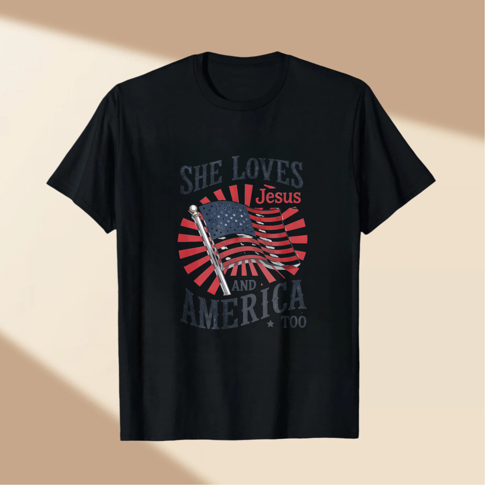 TEECURENT She Loves Jesus And America Too Patriotic Christian T Shirt For Women American Flag Design Black Cotton Top WOMEN