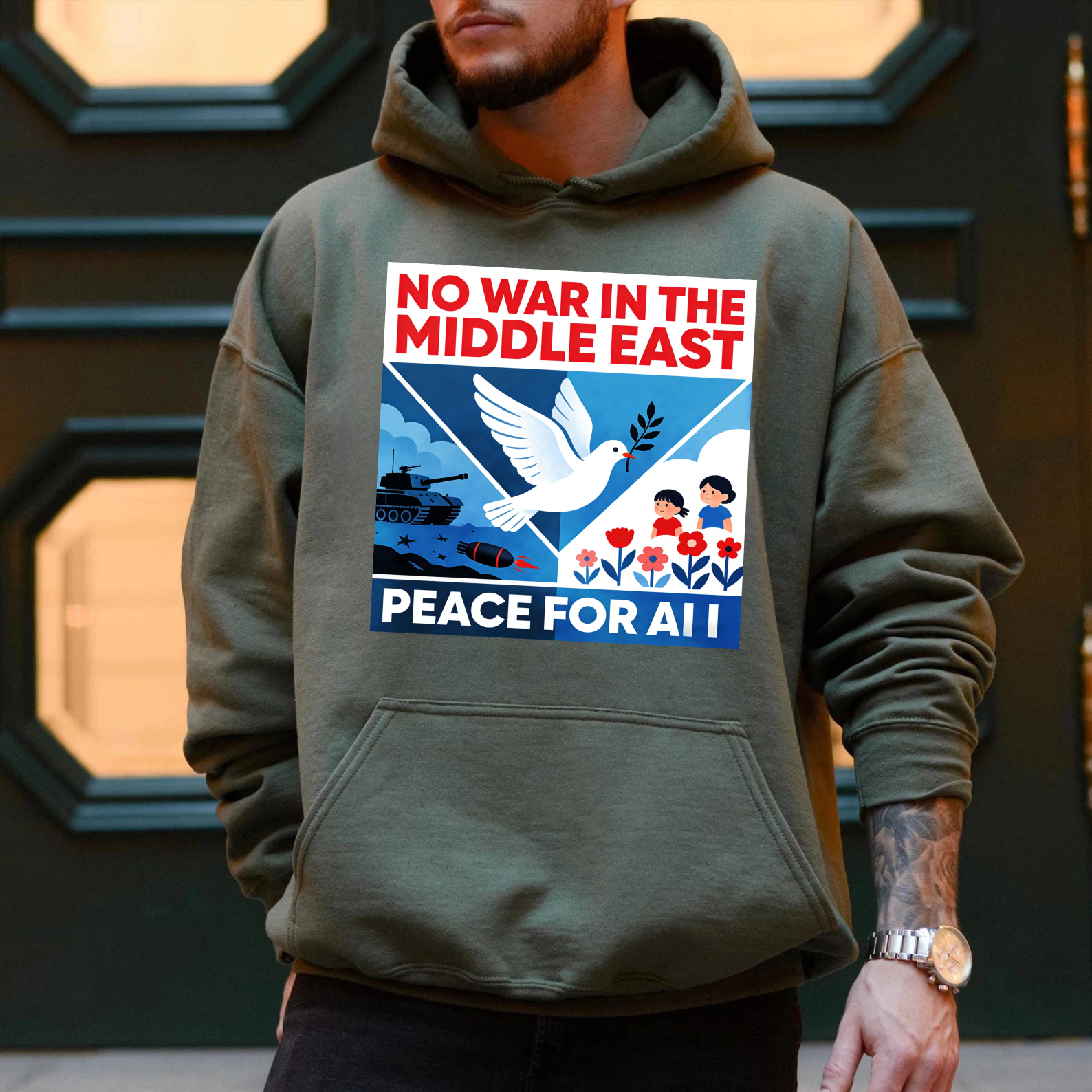 TEECURENT No War In The Middle East Peace For All Hoodie Black Sweatshirt With Graphic Design And Message For Peace Awareness And Social Statement