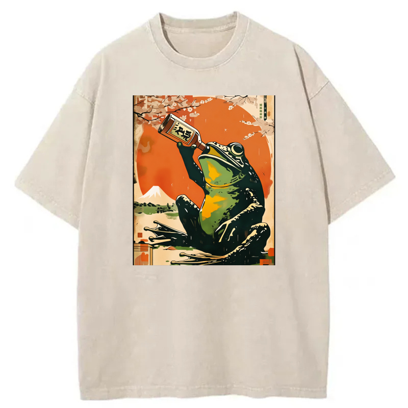 Frog Drinking Sake Under Cherry Blossoms tshirt 100% cotton