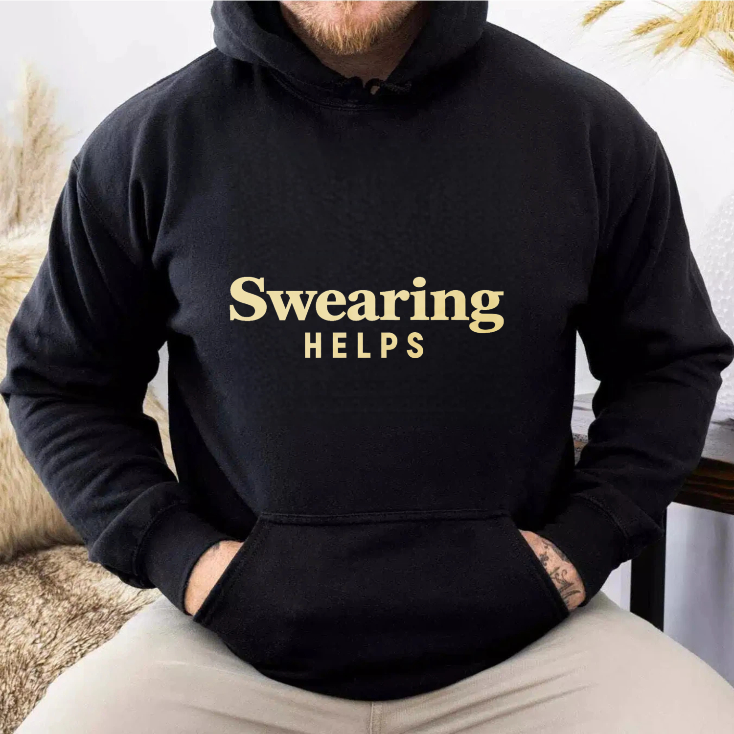 TEECURENT Gildan Swearing Helps Hoodie Black Sweatshirt With Gold Text Casual Wear For Men And Women Unisex Pullover Top Comfortable Soft Hooded Jacket Cozy Streetwear Fashion Statement Piece