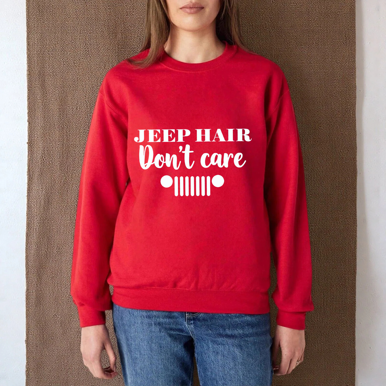 TEECURENT Jeep Hair Dont Care Sweatshirt Unisex Crewneck Pullover Long Sleeve Casual Graphic Shirt For Men Women Outdoor Adventure Fashion Top