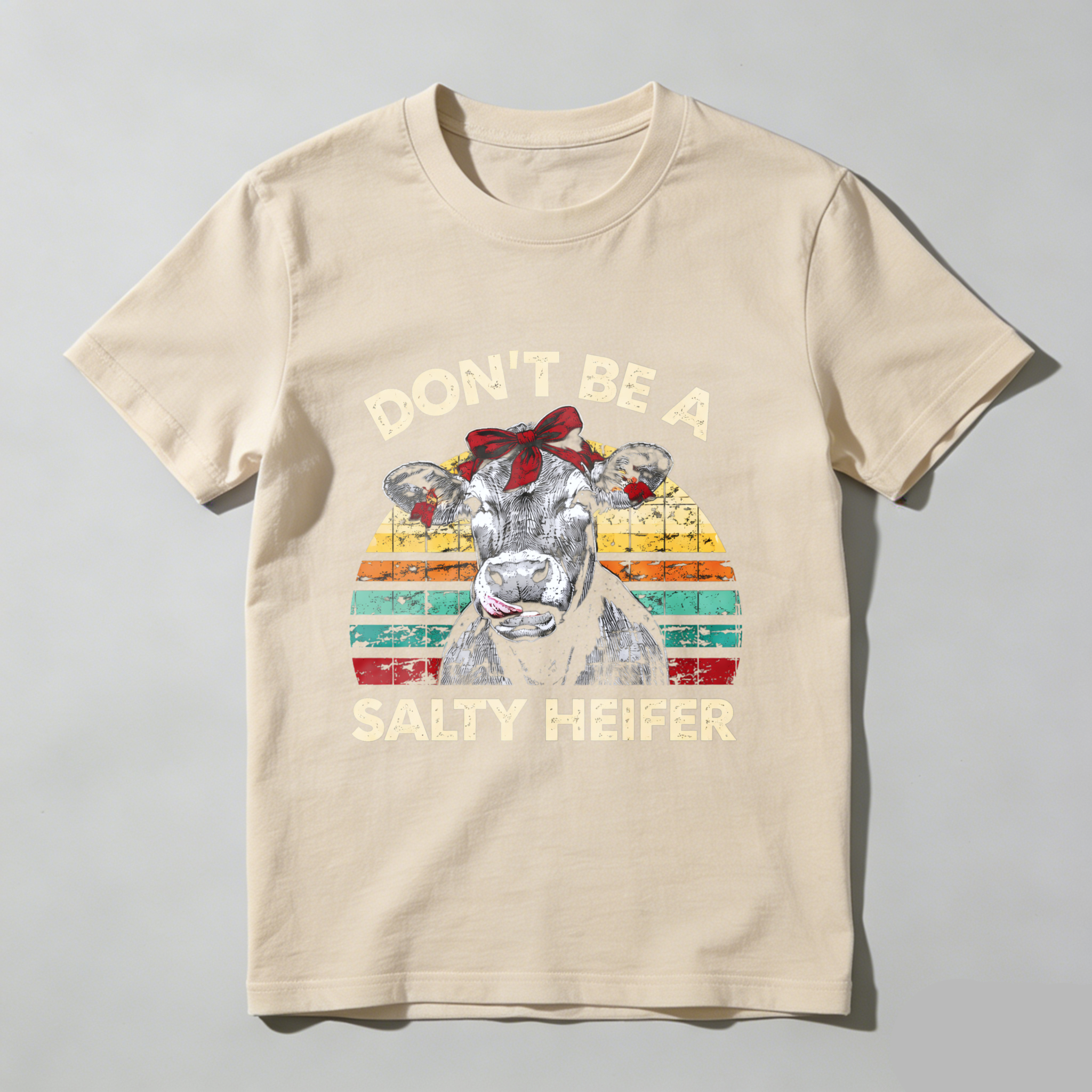 TEECURENT Dont Be A Salty Heifer Vintage Cow Graphic T-Shirt Funny Farm Animal Humor Shirt WOMEN