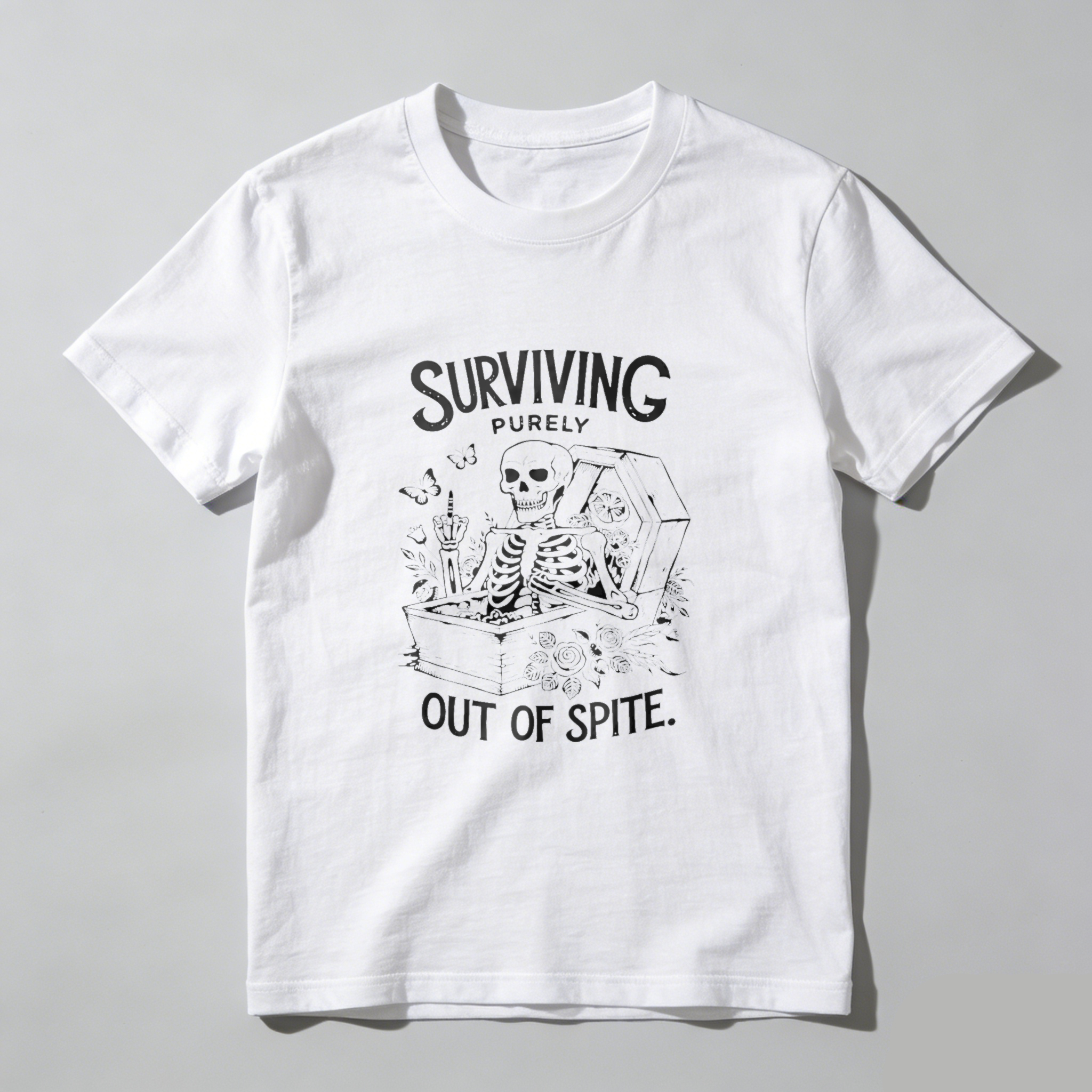 TEECURENT Surviving Purely Out Of Spite Skeleton In Coffin Graphic T-Shirt WOMEN