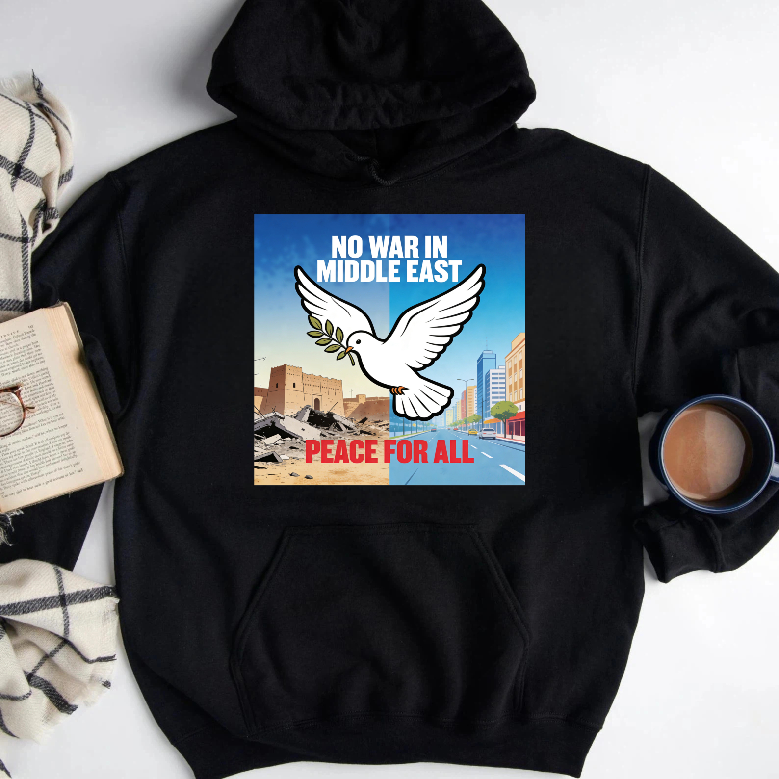 TEECURENT No War In Middle East Peace For All Hoodie With Dove And Olive Branch Graphic Design For Peace Advocacy And Social Awareness