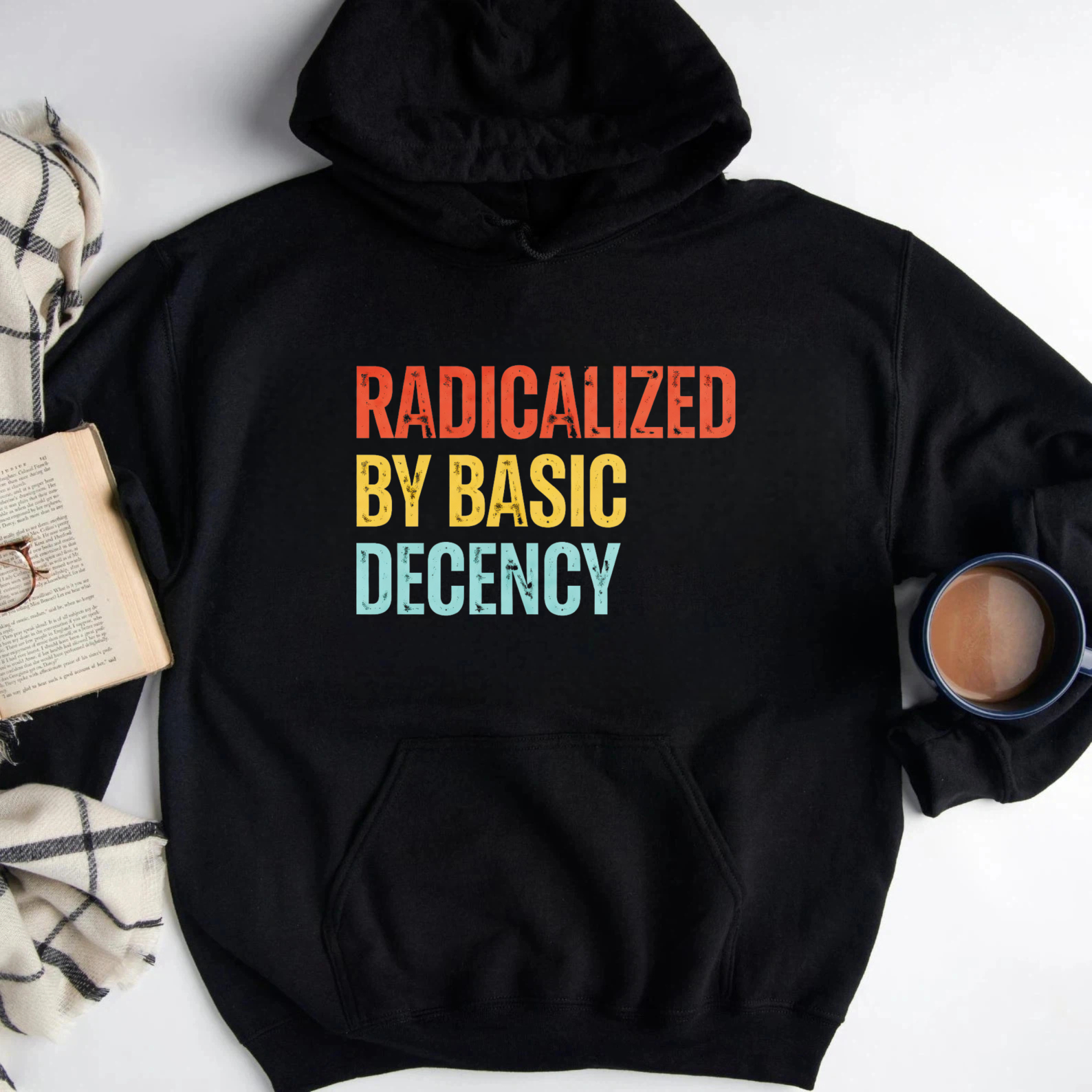 TEECURENT Gildan Radicalized By Basic Decency Hoodie Sweatshirt Black Unisex Casual Wear Statement Graphic Pullover Coat