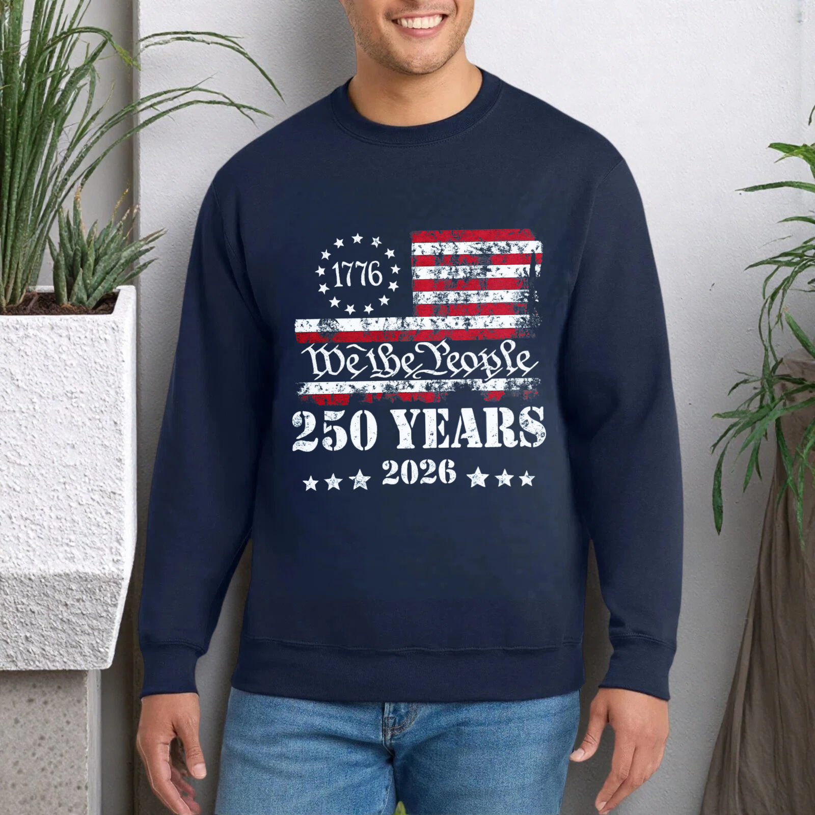 American Flag 1776 We The People 250 Years 2026 Independence Day Sweatshirt Black Crewneck Pullover Unisex Casual Top