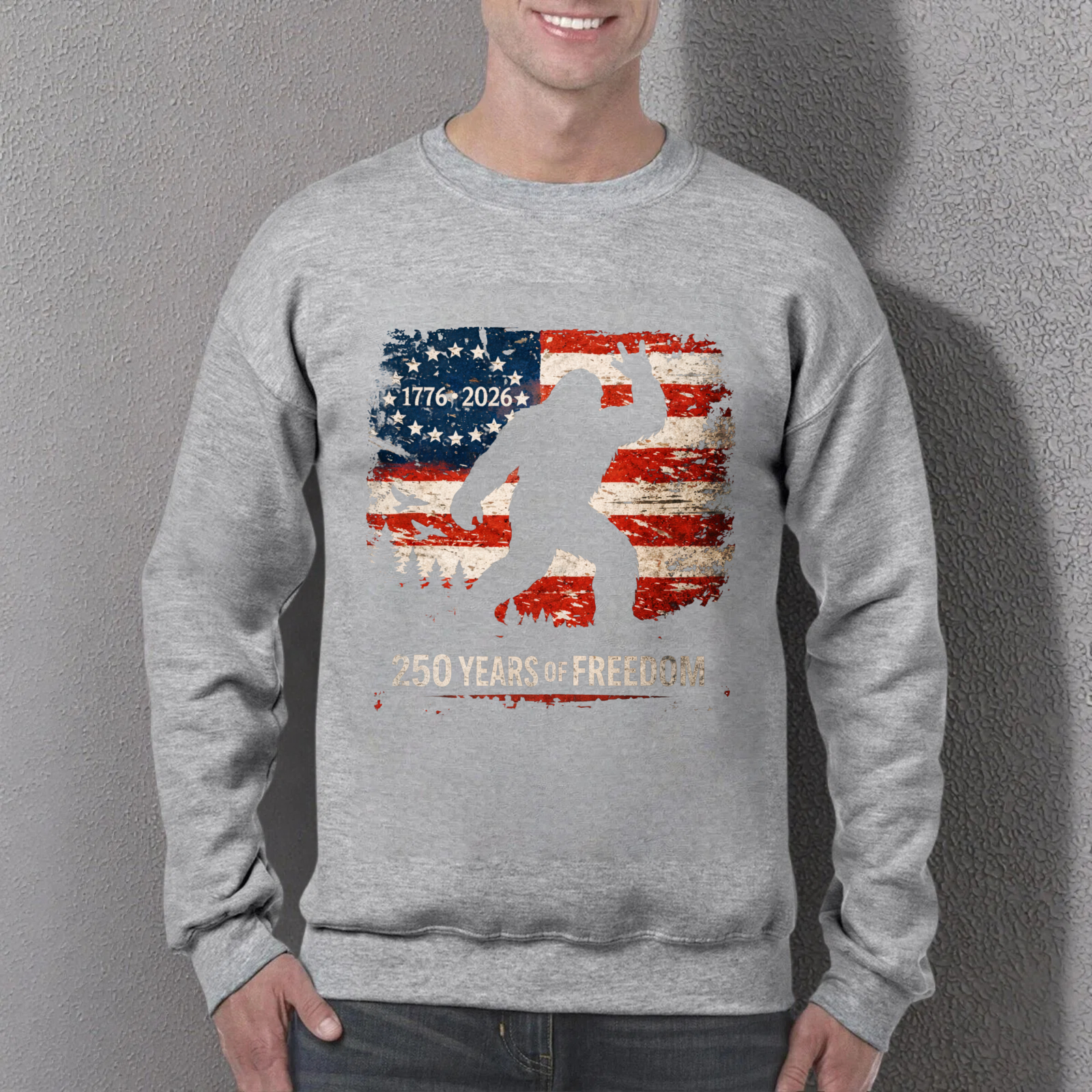 American Flag Bigfoot 250 Years Of Freedom Sweatshirt 1776 2026 Patriotic Usa Design Crewneck Pullover
