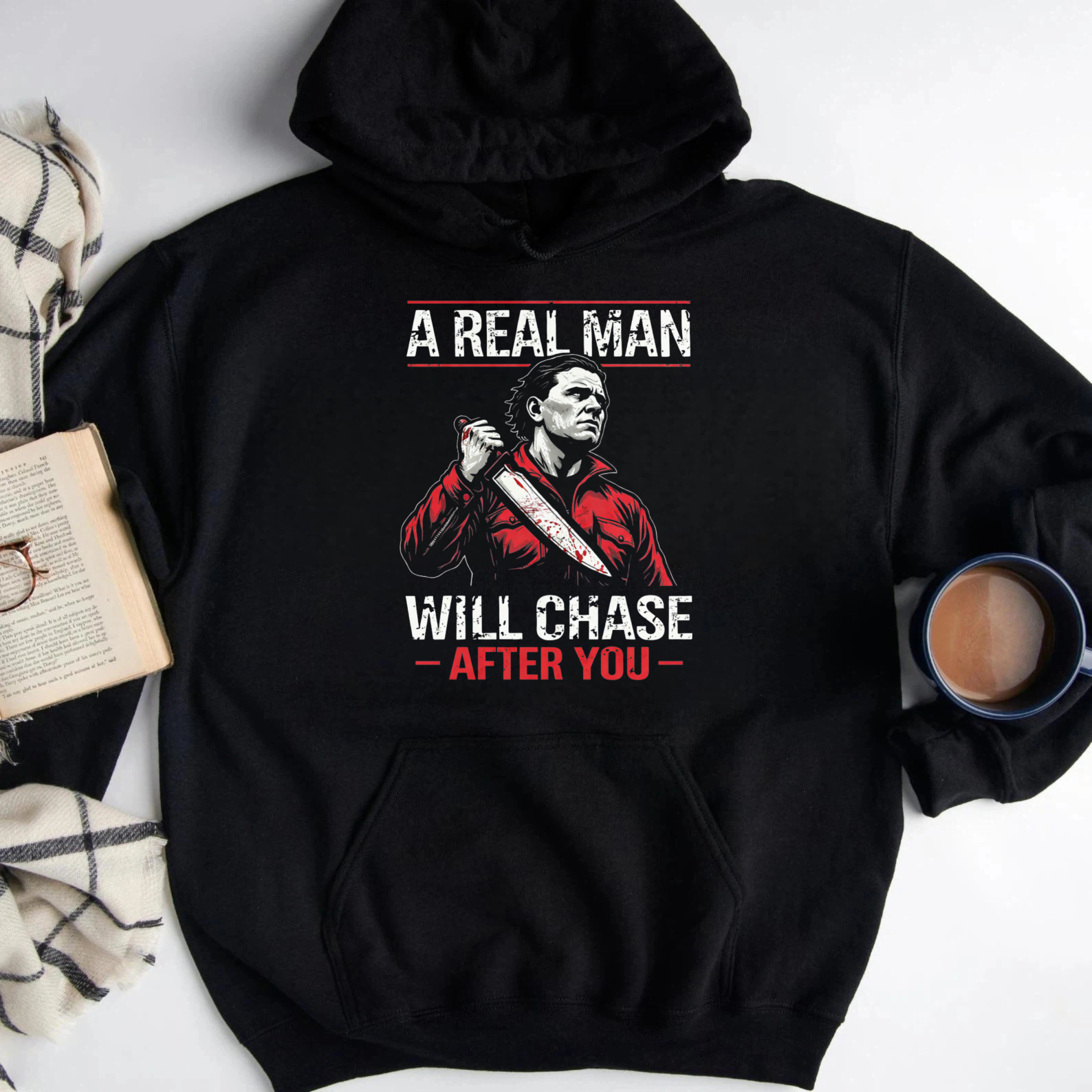 TEECURENT Gildan A Real Man Will Chase After You Halloween Horror Movie Character Hoodie Sweatshirt For Men Women Unisex Pullover Casual Top