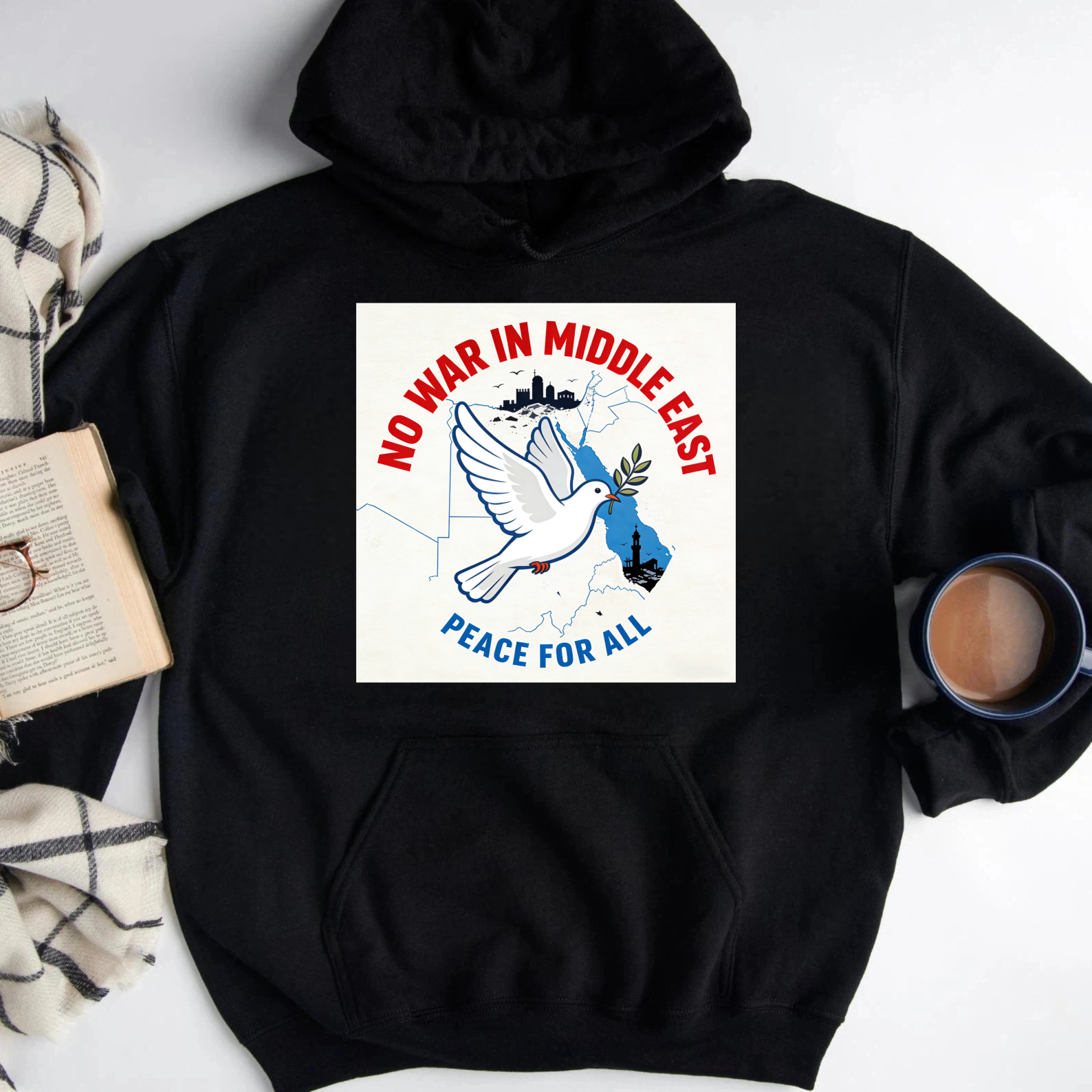 TEECURENT No War In Middle East Peace For All Hoodie Anti War Message Sweatshirt For Men Women Unisex Pullover With Dove And Olive Branch Design
