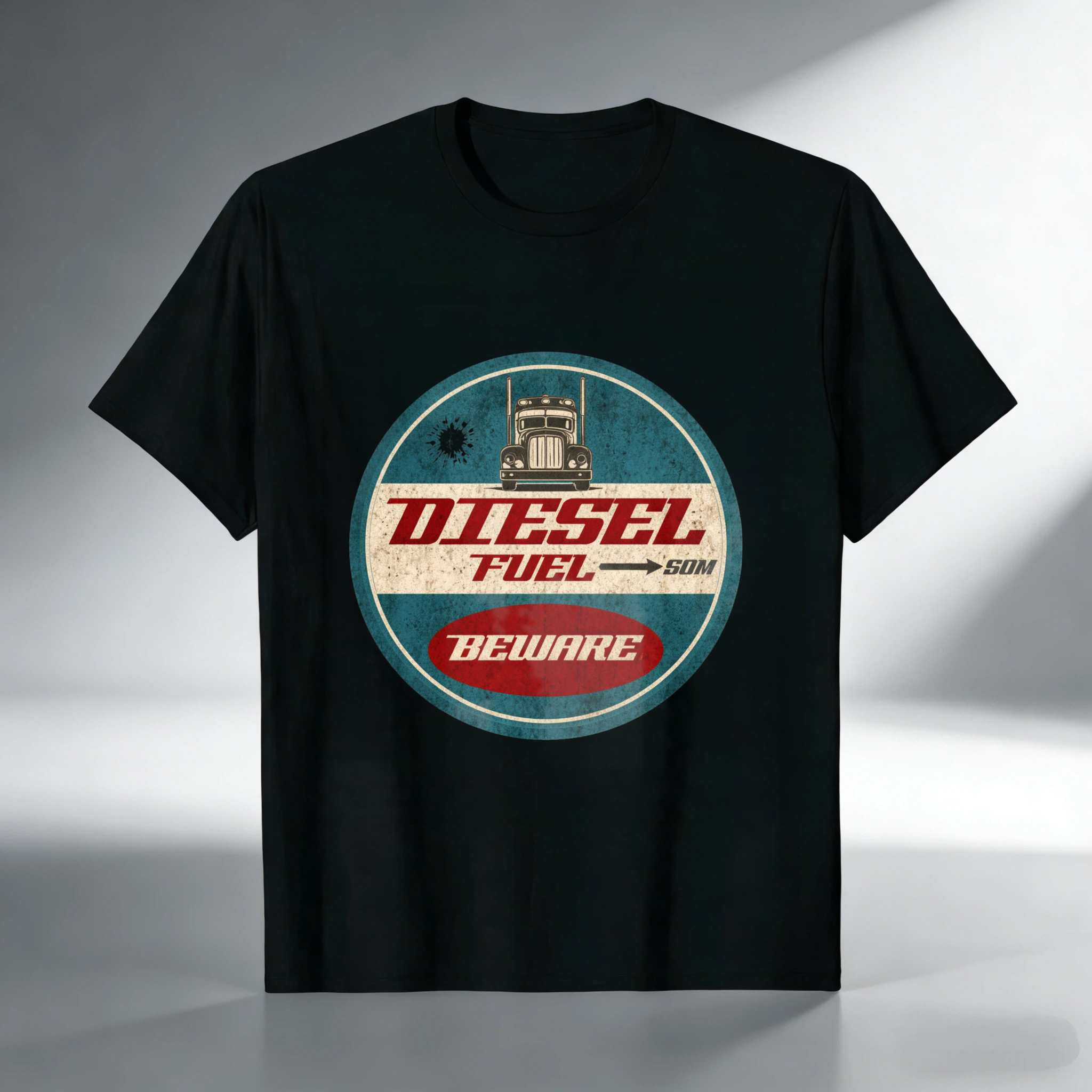 Diesel Fuel Beware Vintage Truck T-Shirt Men's Classic Crewneck Shirt Retro Diesel Engine Design Black Cotton Tee