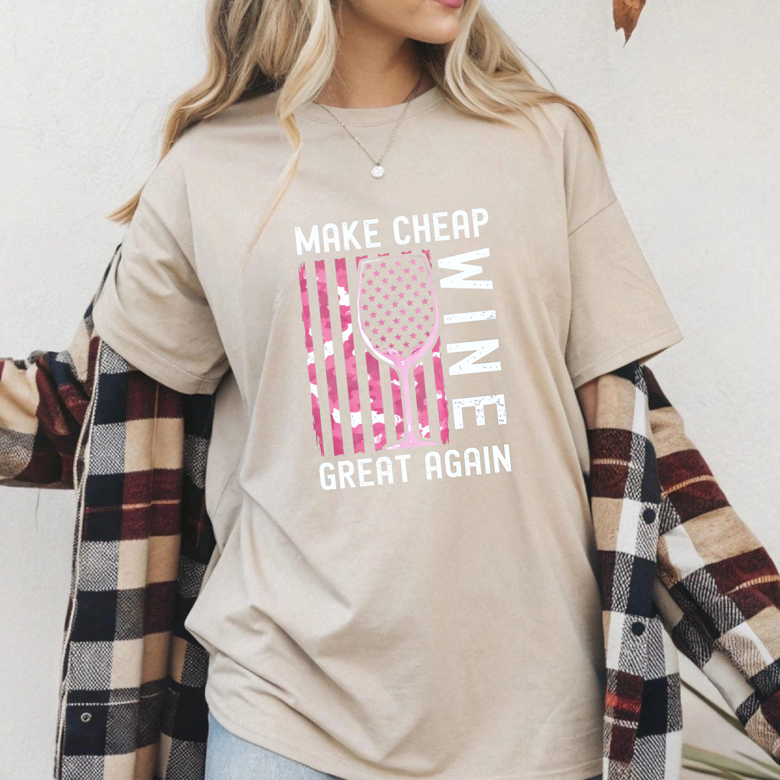 TEECURENT Make Cheap Wine Great Again Patriotic T-Shirt With American Flag Design For Wine Lovers And Humor Fans WOMEN