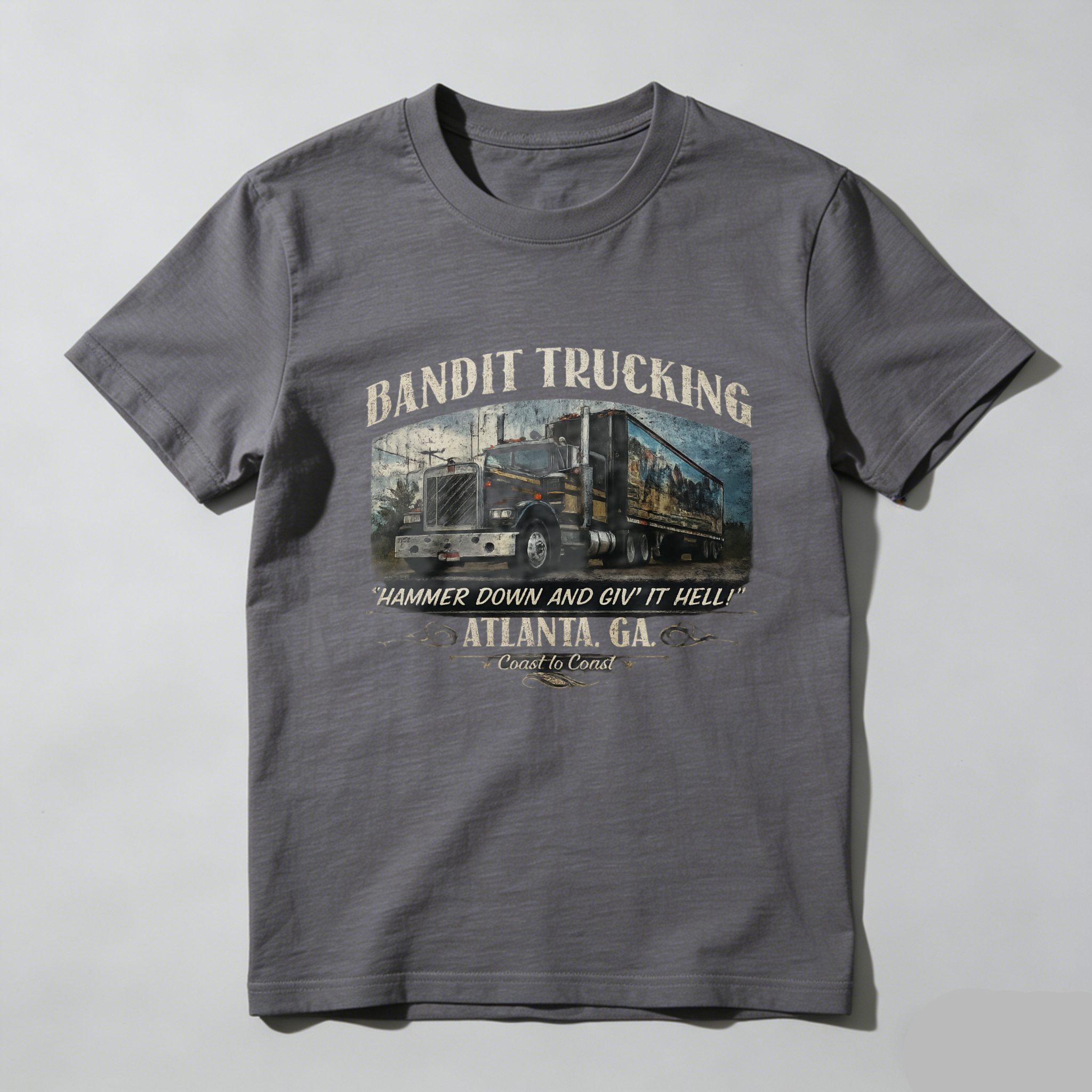 TEECURENT Bandit Trucking Atlanta Ga Hammer Down And Giv It Hell Coast To Coast T Shirt