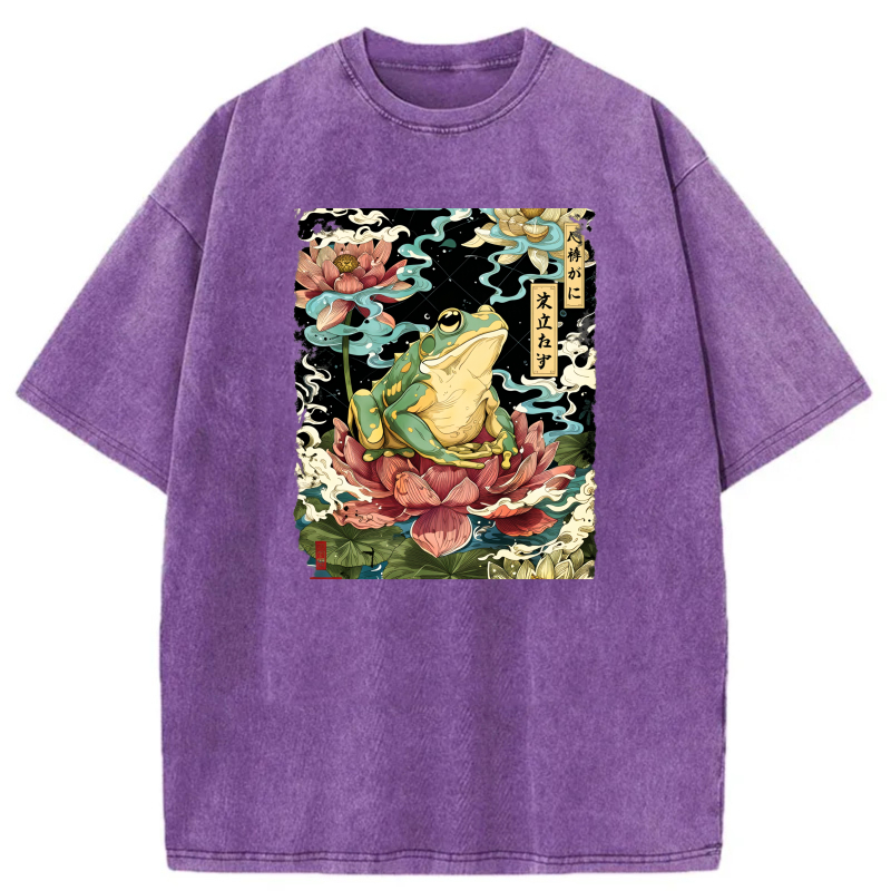 Frog On Lotus Flower With Japanese Text tshirt 100% cotton