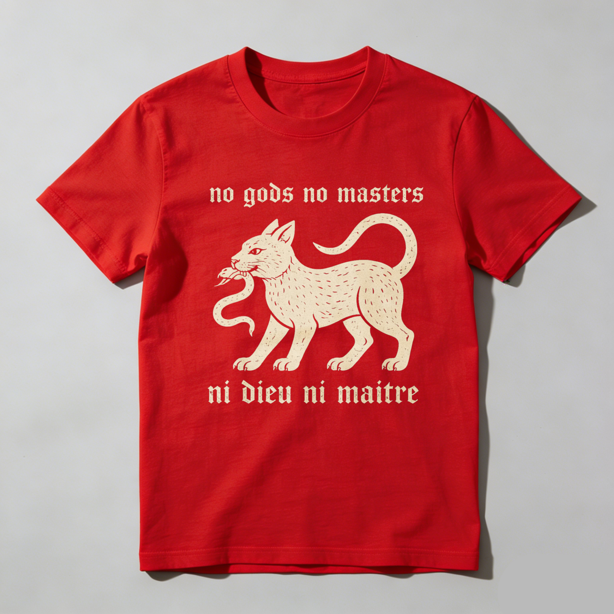 TEECURENTNo Gods No Masters Cat And Snake T Shirt Ni Dieu Ni Maitre Anarchist Statement Black Cotton Tee-TeeCurent
