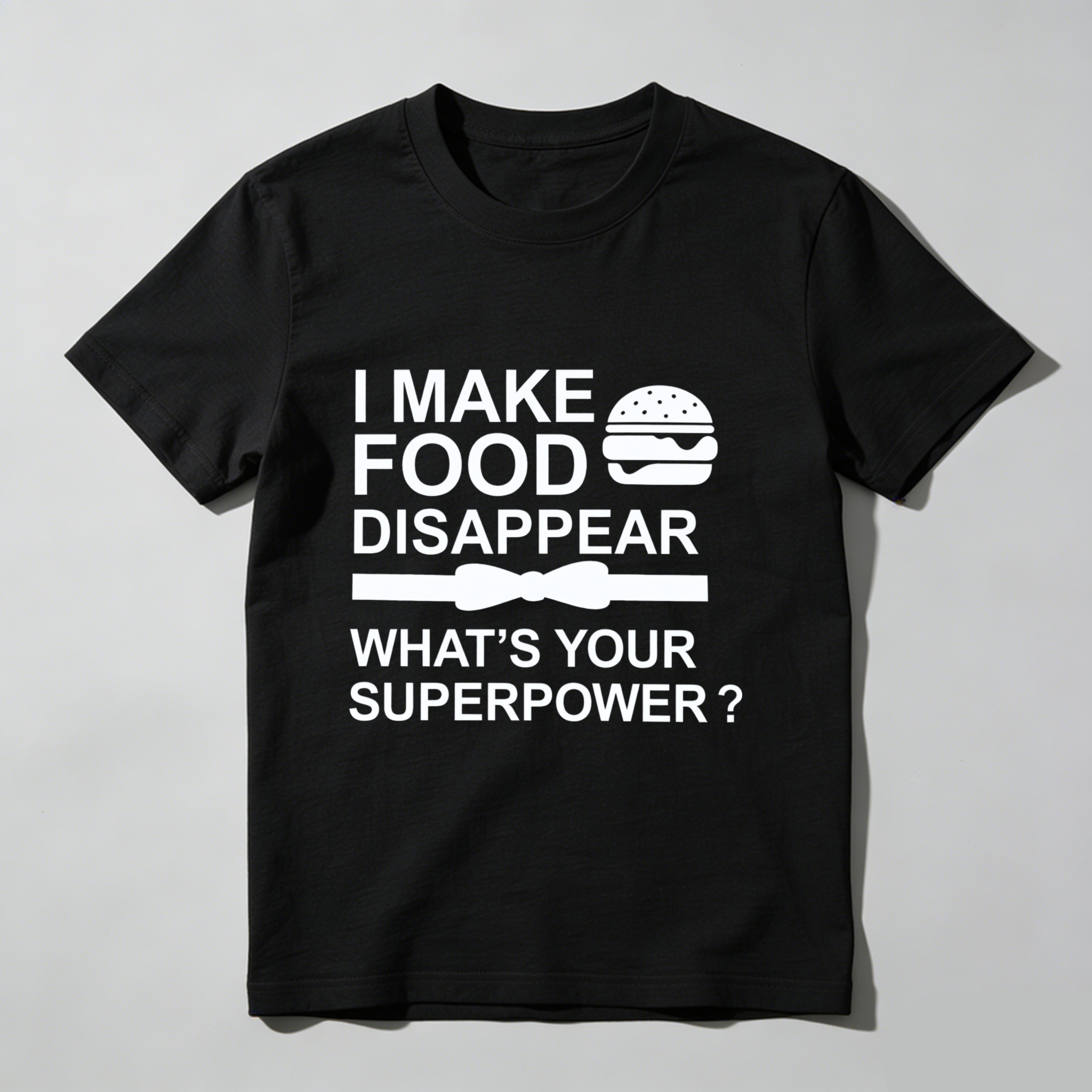 TEECURENT I Make Food Disappear What Is Your Superpower Funny T-Shirt For Men Women Humor Gift Shirt With Burger Graphic And Bow Tie Design WOMEN