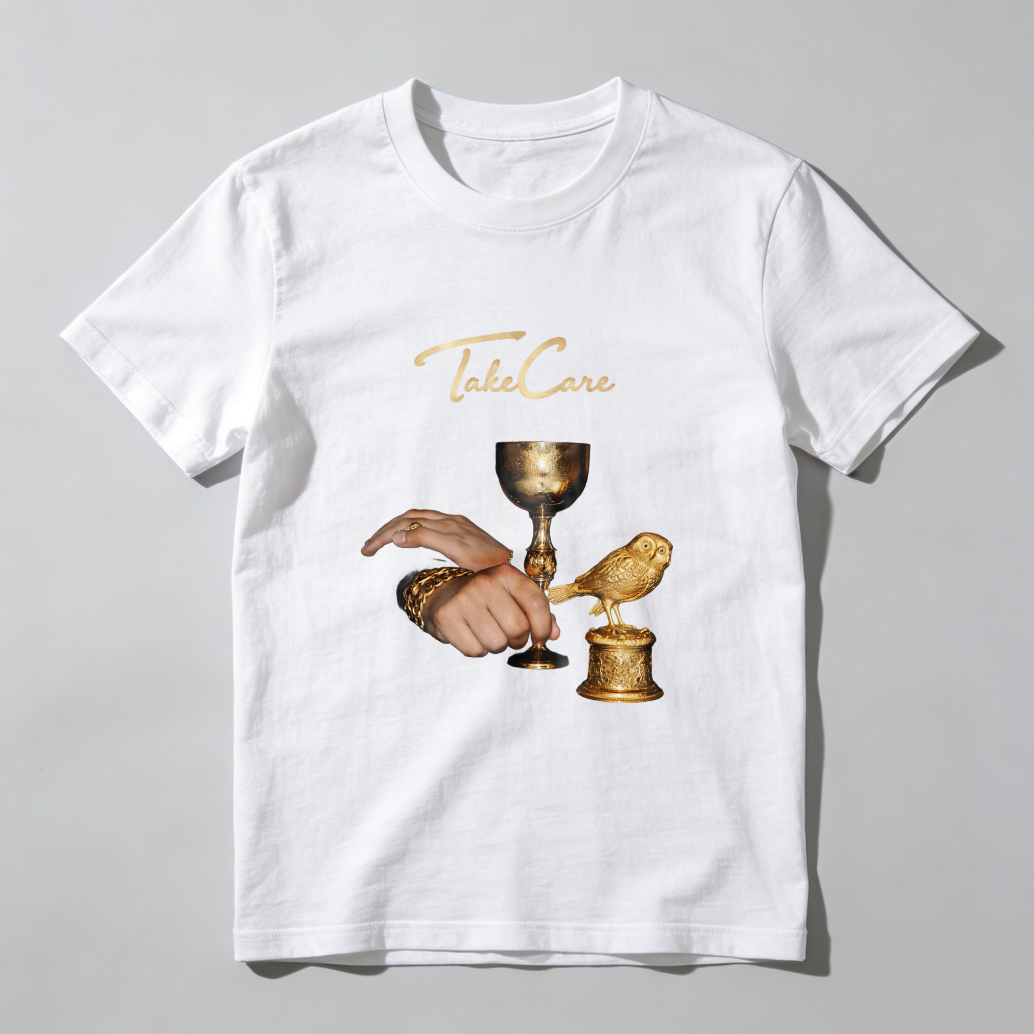 TEECURENT Take Care Golden Bird And Chalice Design T Shirt Men Women Fashion Casual Wear Artistic Statement Graphic Tee