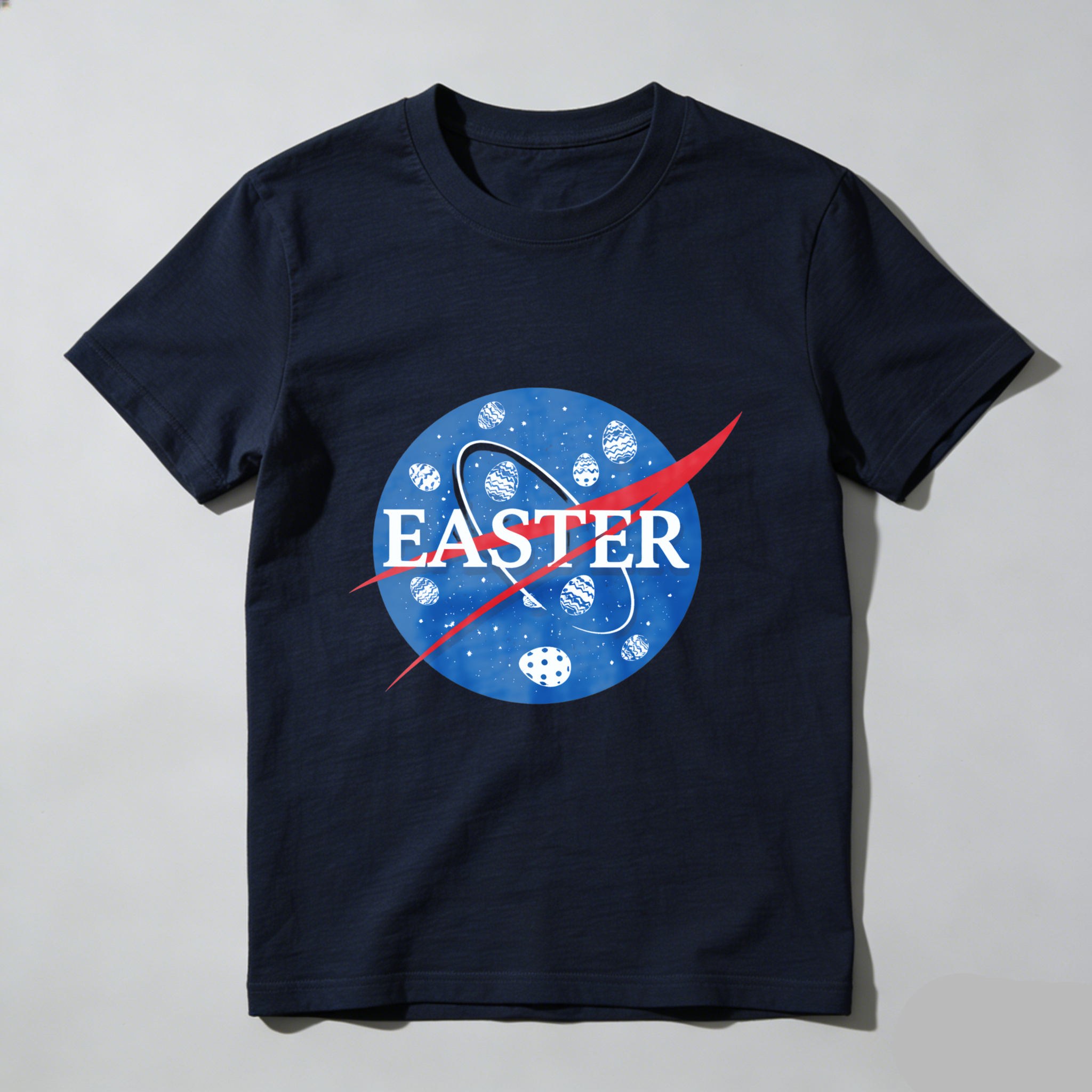 TEECURENT Easter Space Theme T-Shirt With Egg Pattern And Nasa Style Logo Design For Easter Celebration