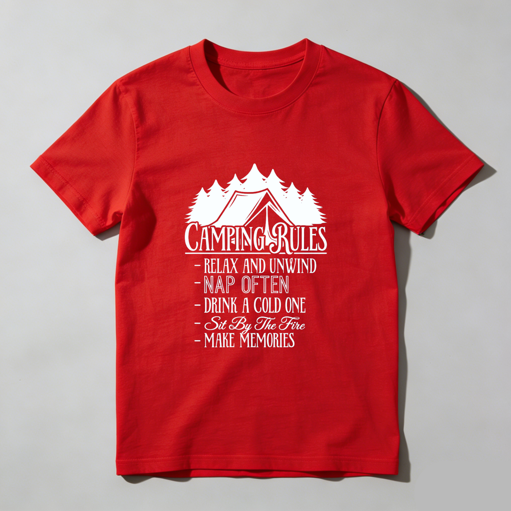 TEECURENT Camping Rules T Shirt Relax And Unwind Nap Often Drink A Cold One Sit By The Fire Make Memories Outdoor Adventure Tee WOMEN