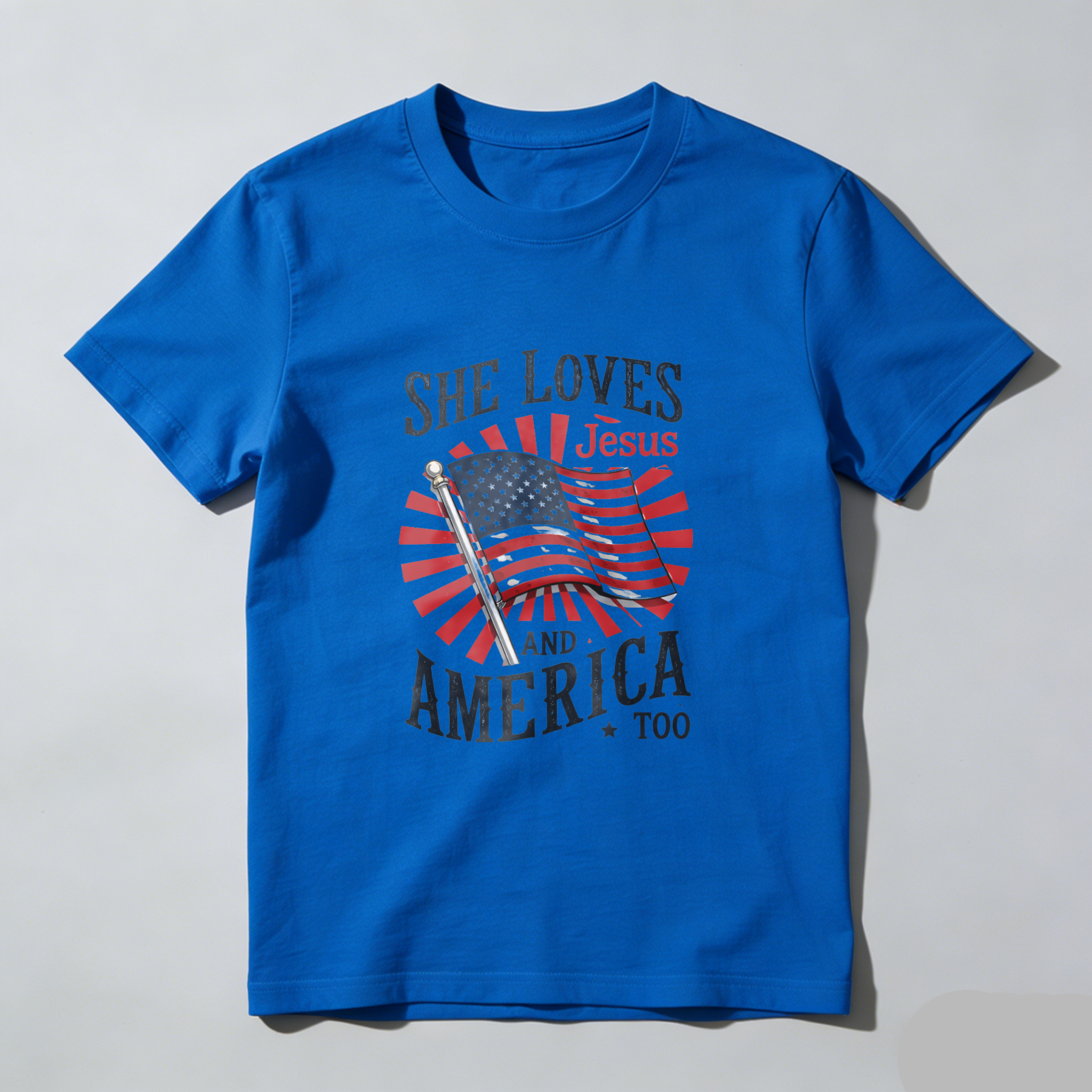 TEECURENT She Loves Jesus And America Too Patriotic Christian T Shirt For Women American Flag Design Black Cotton Top WOMEN