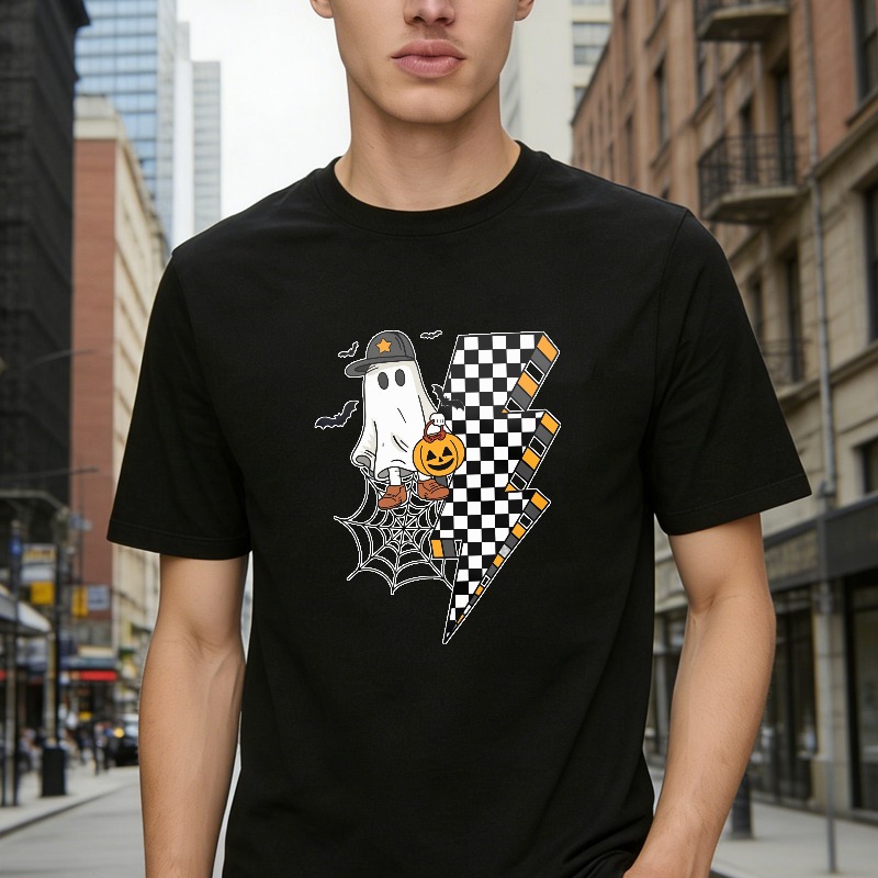 Halloween Ghost With Pumpkin And Checkered Lightning Bolt Unisex Classic T-shirt