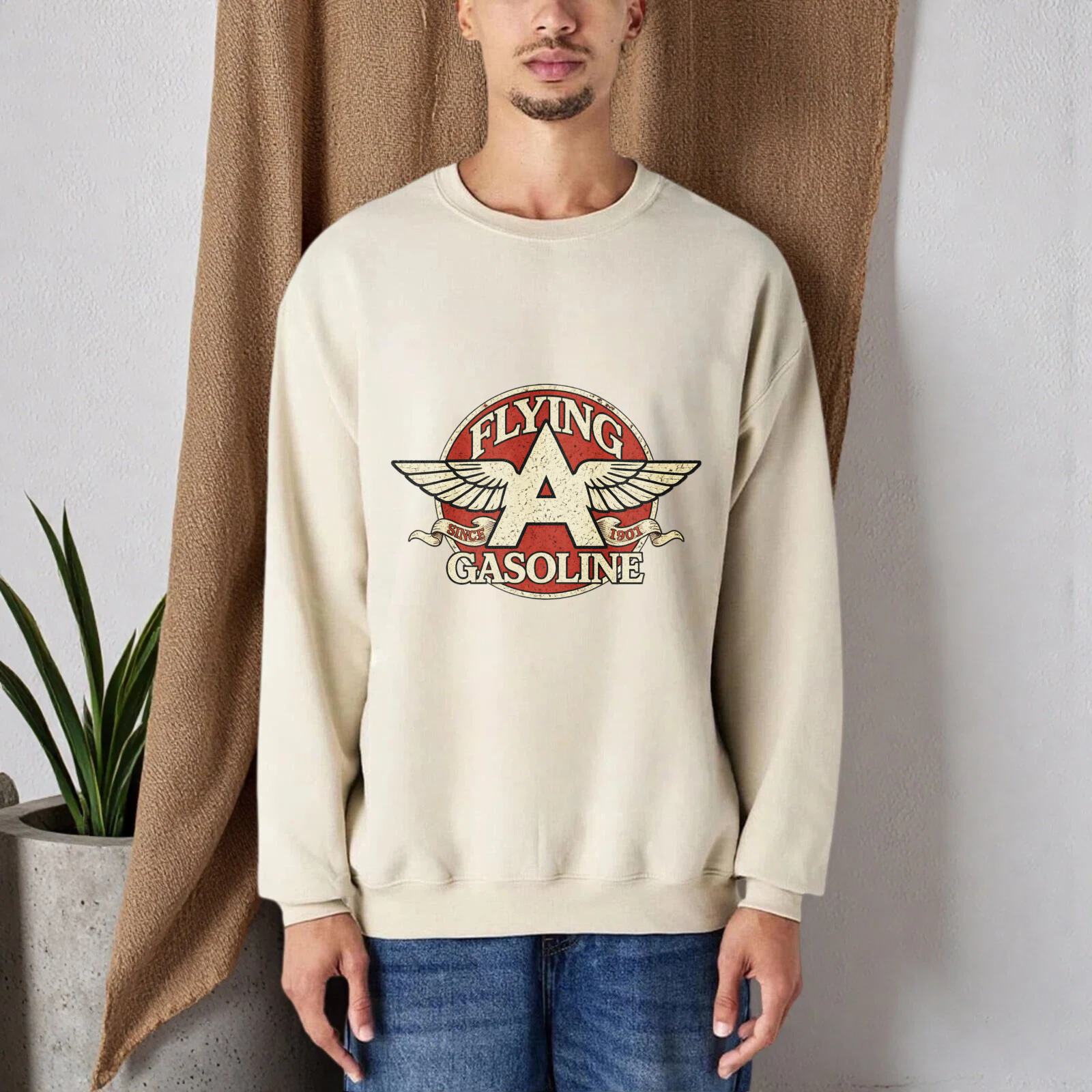 TEECURENT Flying A Gasoline Logo Sweatshirt Black Crewneck Pullover Vintage Aviator Design Men Women Unisex Casual Top