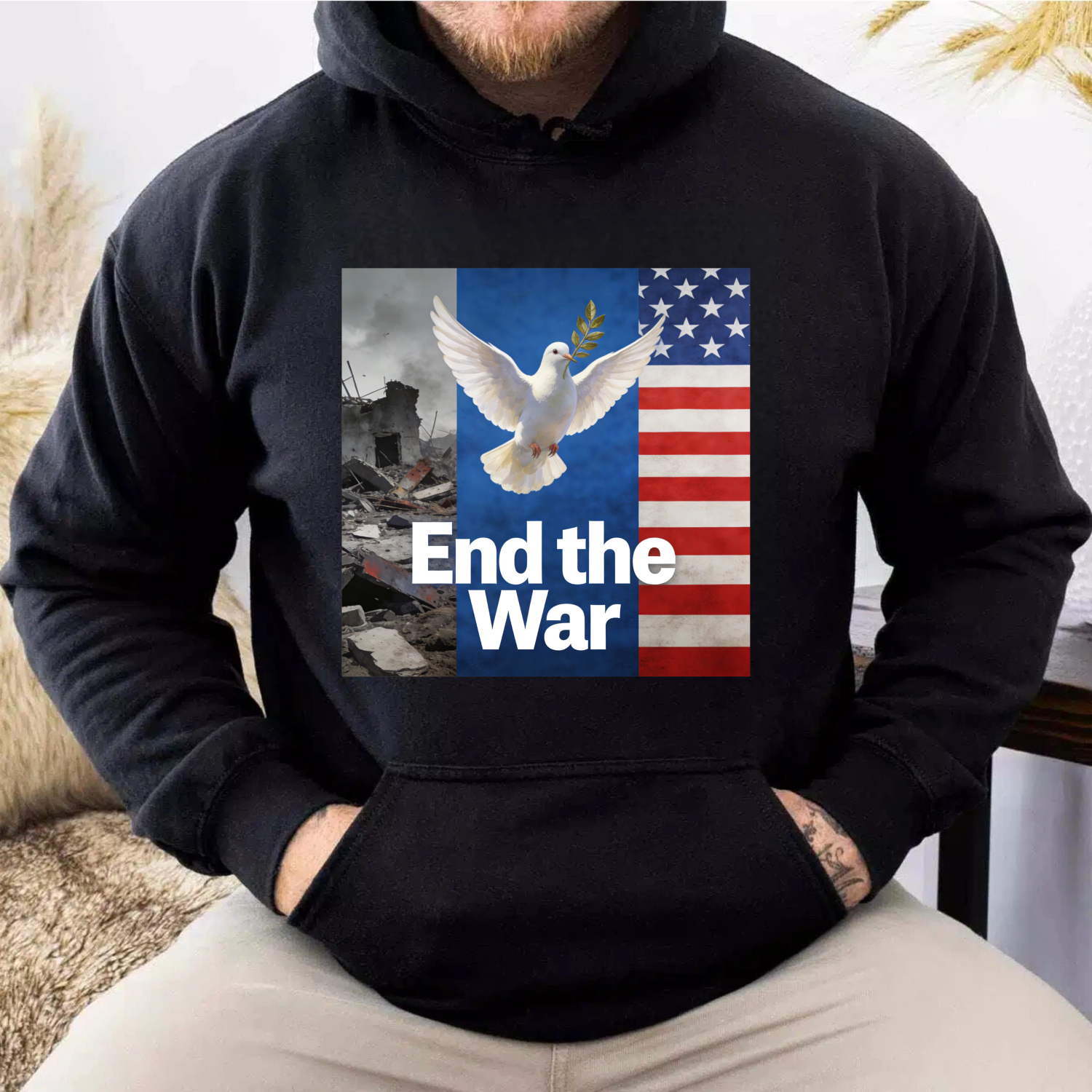 TEECURENT End The War Peace Dove American Flag Hoodie Anti War Message Sweatshirt For Men And Women
