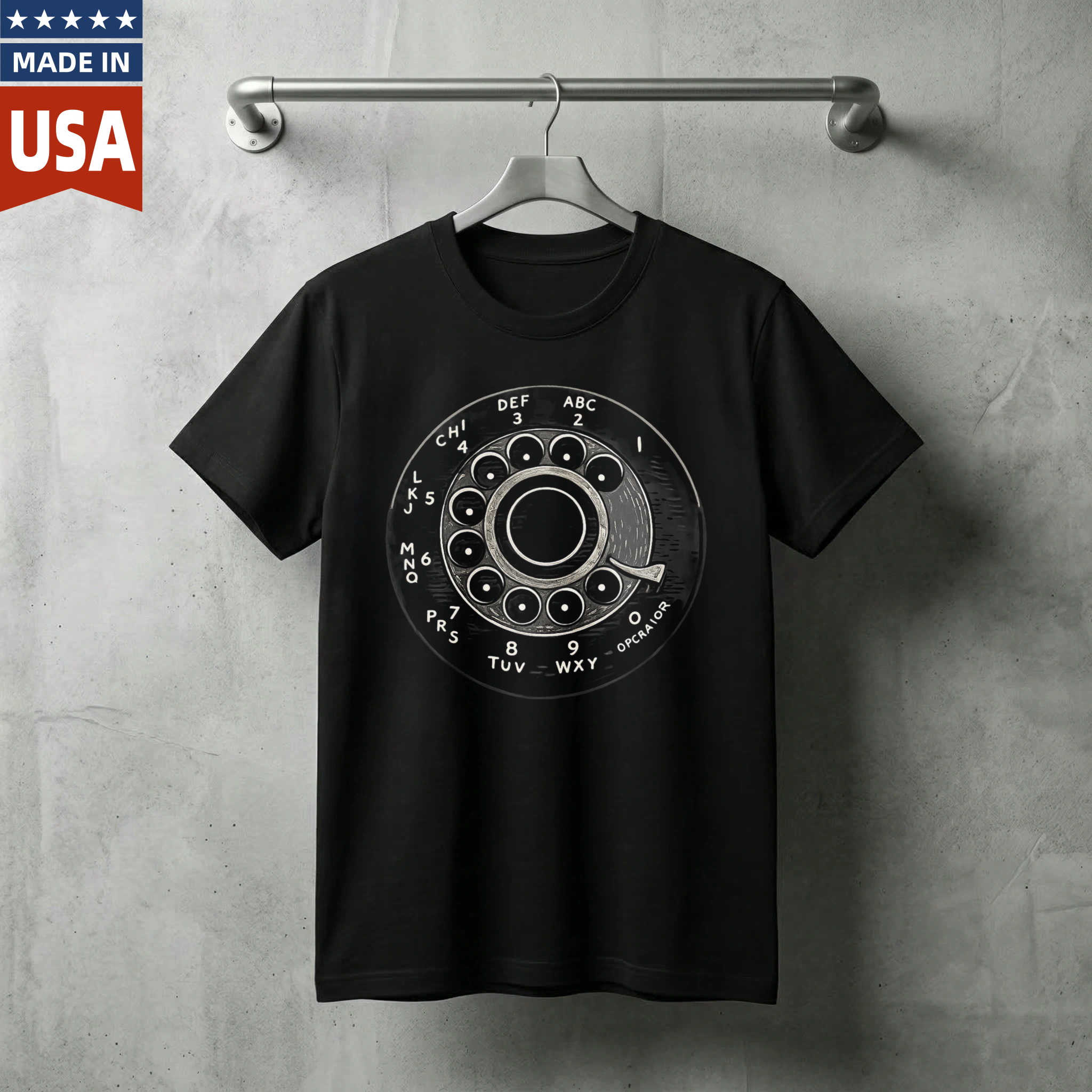 Vintage Rotary Phone Dial Design T Shirt Made In Usa Classic Retro Telephone Pattern Black Cotton Unisex Tee