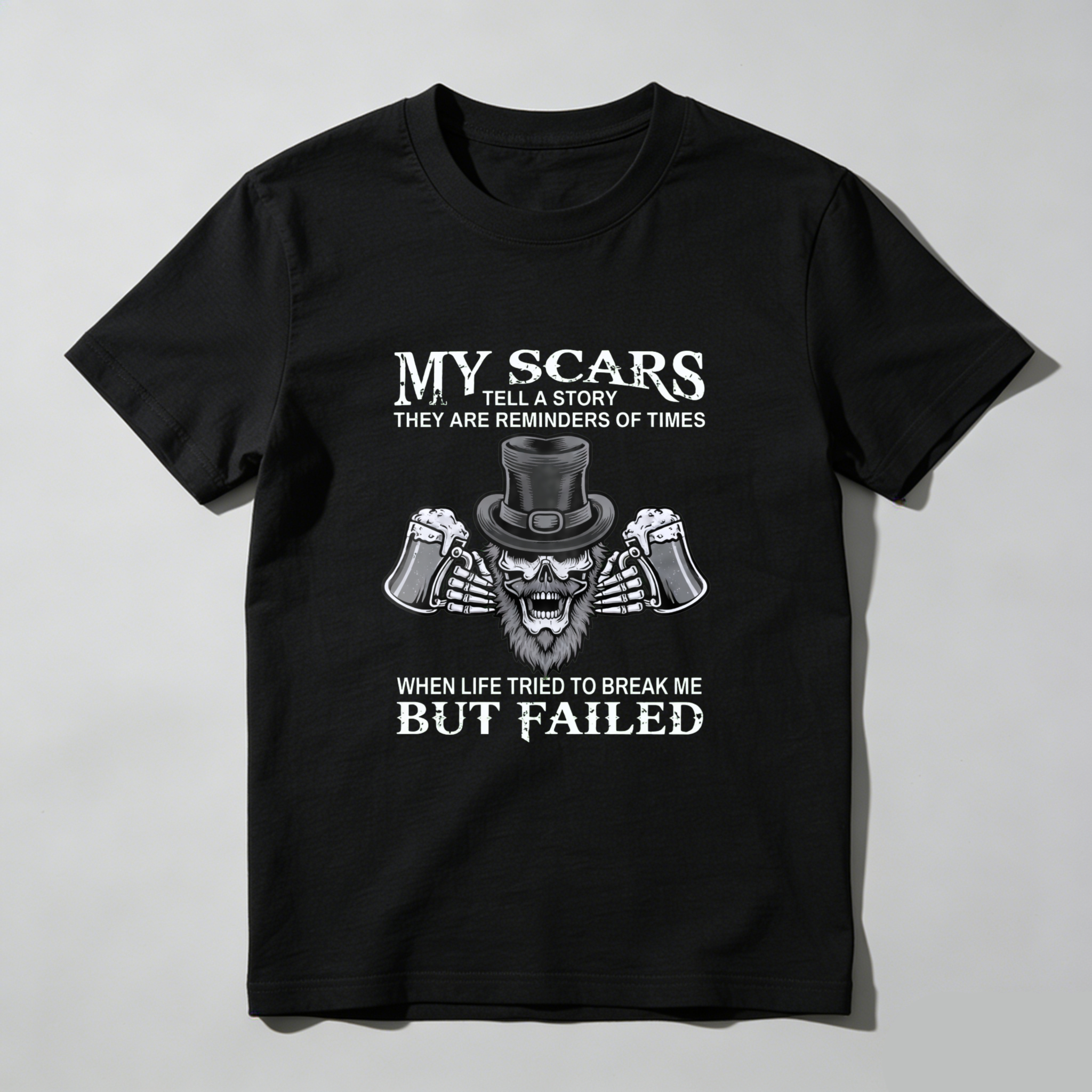 TEECURENT My Scars Tell A Story They Are Reminders Of Times When Life Tried To Break Me But Failed T Shirt With Skull And Beer Design