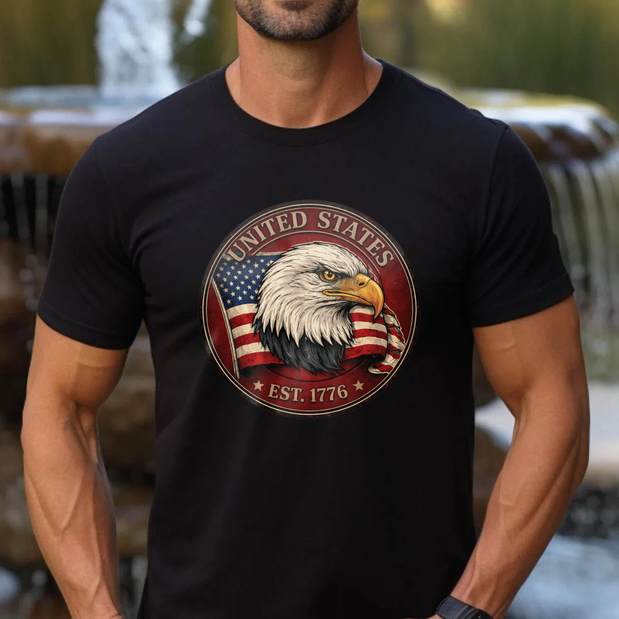 United States Eagle American Flag Patriotic T-Shirt Est 1776 Black Men's Classic Fit Shirt