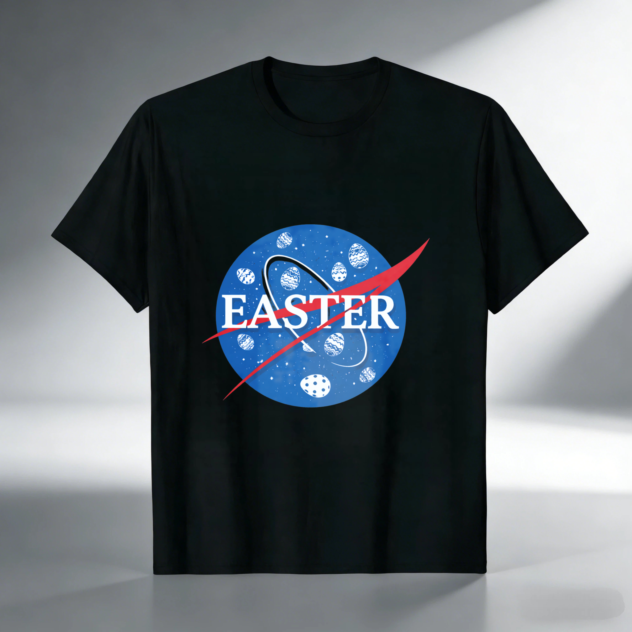 TEECURENT Easter Space Theme T-Shirt With Egg Pattern And Nasa Style Logo Design For Easter Celebration