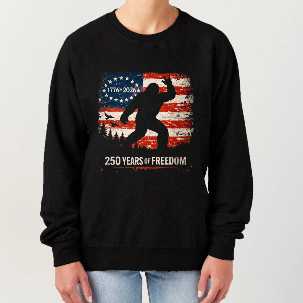 American Flag Bigfoot 250 Years Of Freedom Sweatshirt 1776 2026 Patriotic Usa Design Crewneck Pullover