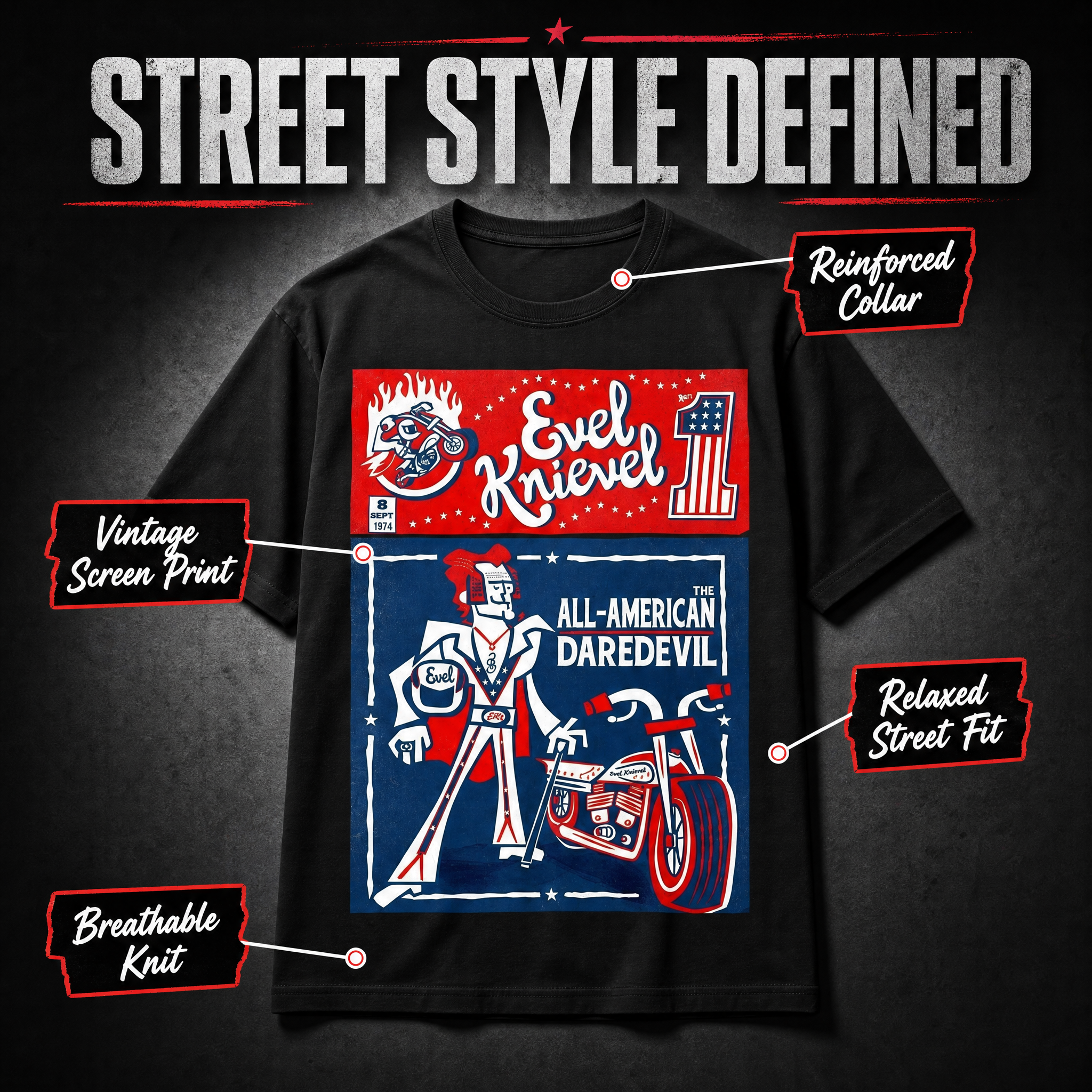 All American Daredevil Vintage Style Graphic T-Shirt Casual Top Retro Motorcycle Stunt Rider Design Cotton T-Shirt