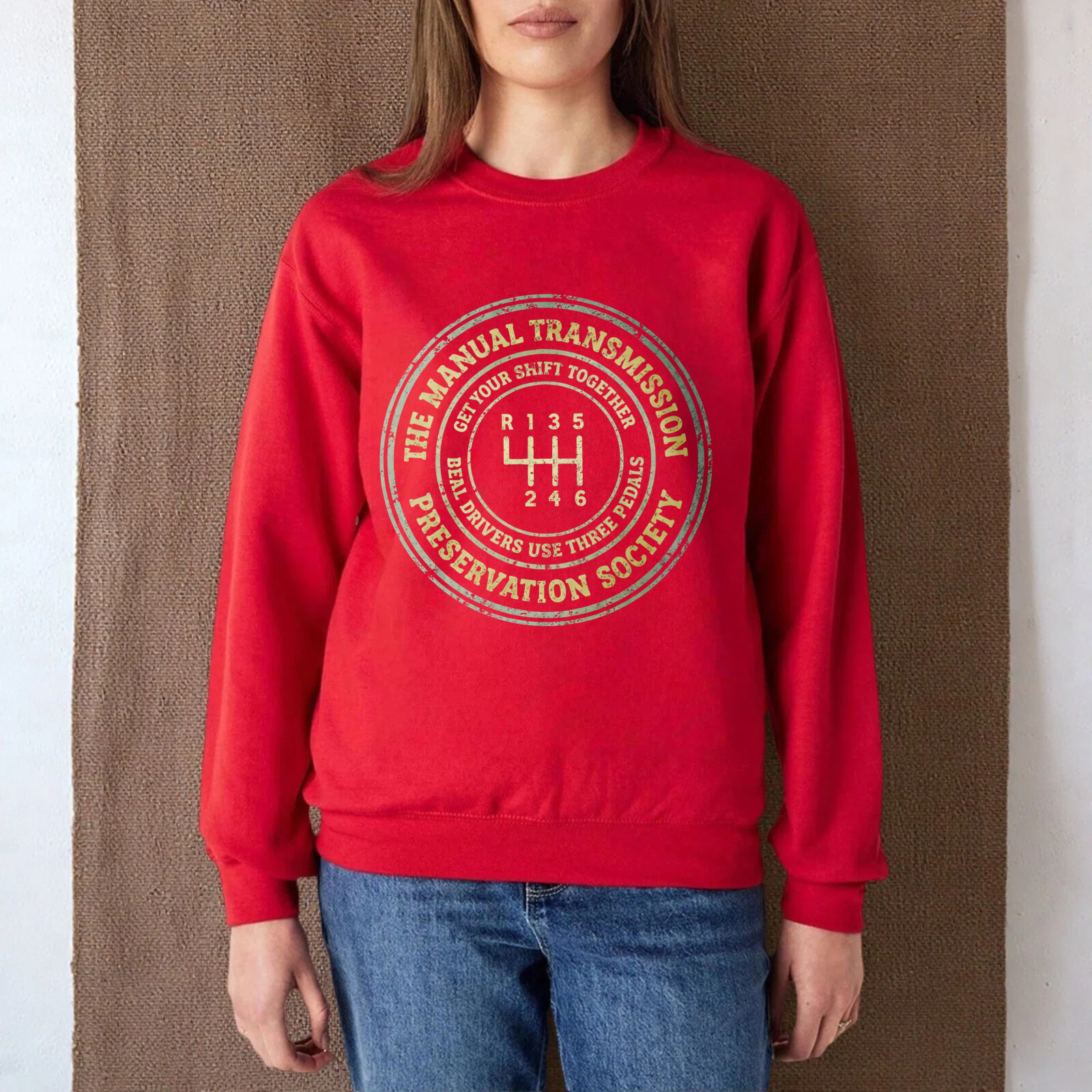 TEECURENT Manual Transmission Preservation Society Sweatshirt Black Crewneck Graphic Pullover For Car Enthusiasts With Gear Shift Design