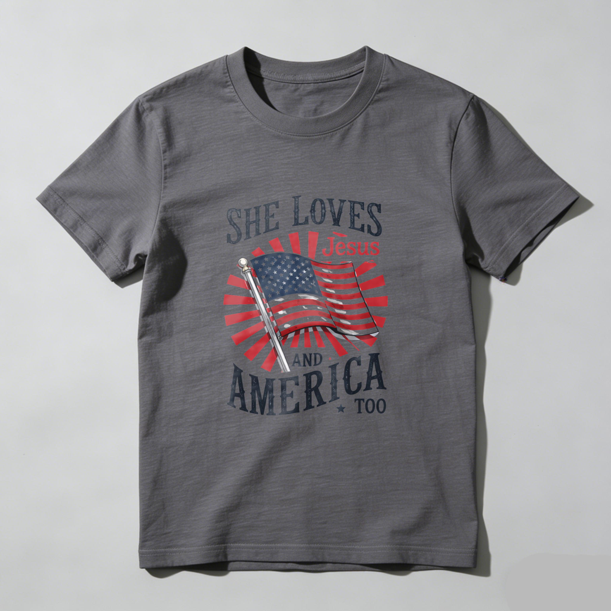 TEECURENT She Loves Jesus And America Too Patriotic Christian T Shirt For Women American Flag Design Black Cotton Top WOMEN