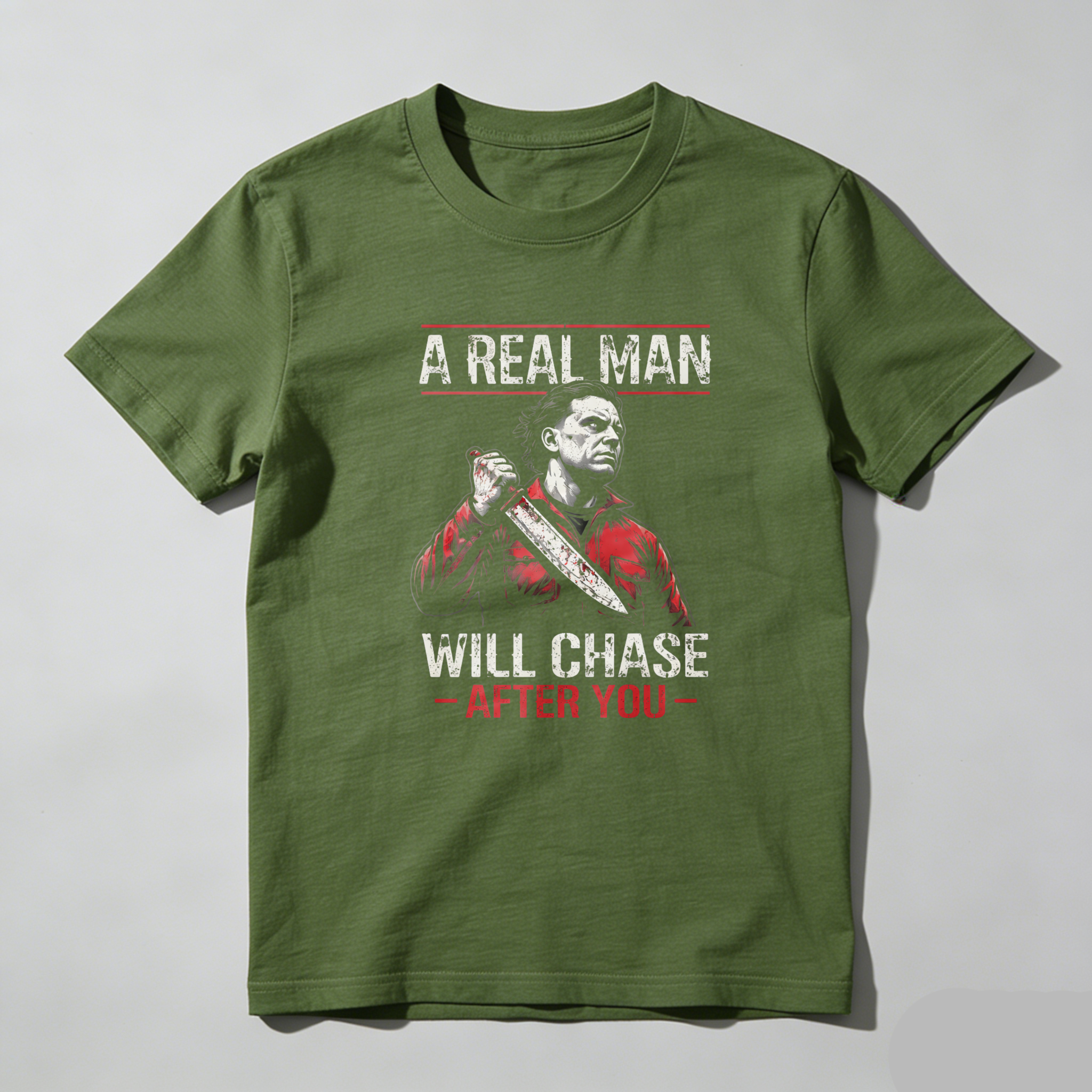 TEECURENT A Real Man Will Chase After You Chainsaw Horror Movie T Shirt-TeeCurent