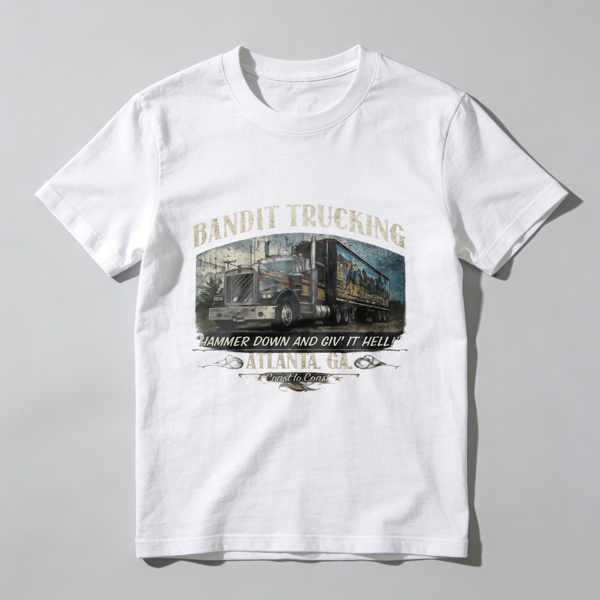 TEECURENT Bandit Trucking Atlanta Ga Hammer Down And Giv It Hell Coast To Coast T Shirt
