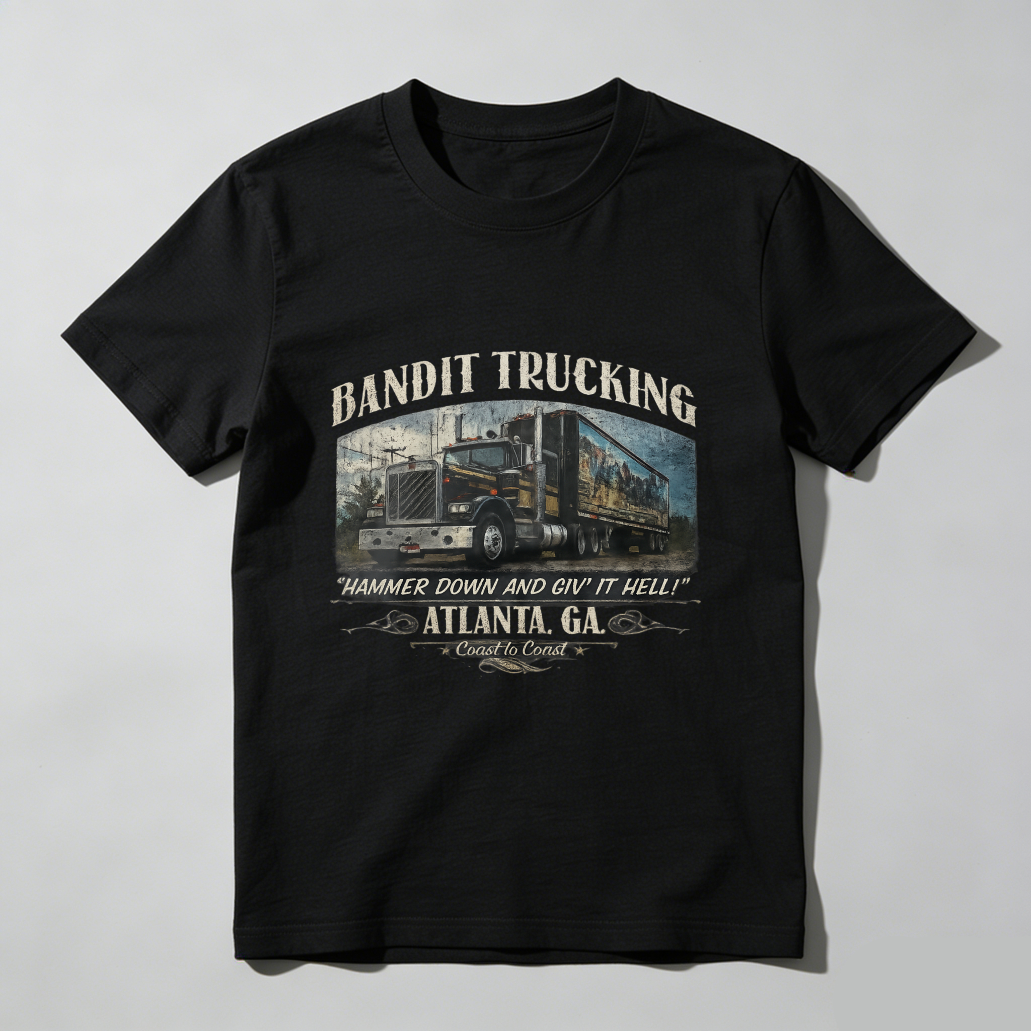 TEECURENT Bandit Trucking Atlanta Ga Hammer Down And Giv It Hell Coast To Coast T Shirt